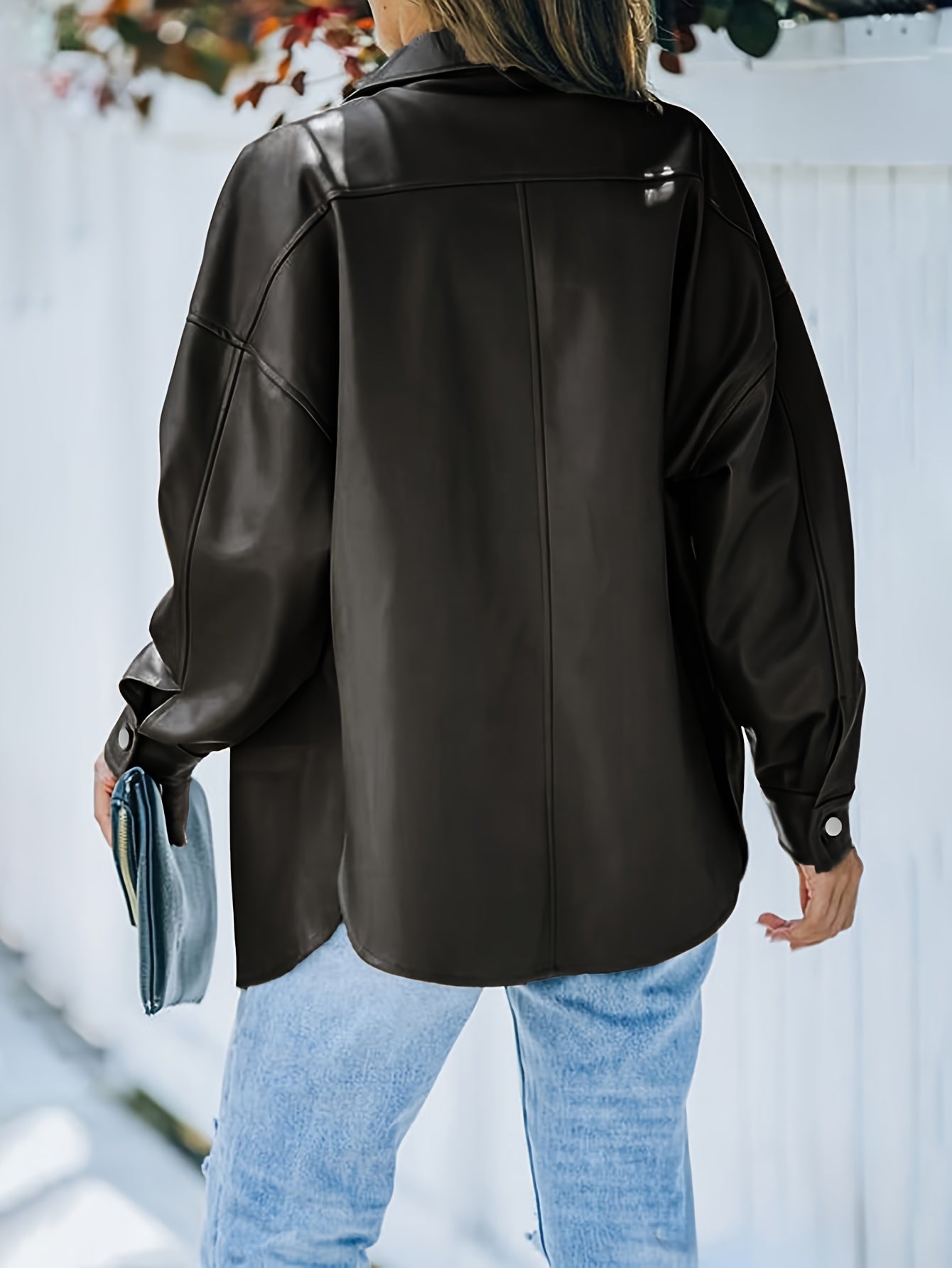 Spring\u002FSummer Women'S Faux Leather Jacket, Vintage Casual, Business, Elegant Style, Comfortable, Long Sleeve, Faux Leather, Side Waist, Split, Machine Washable, Daily Wear, Suitable for Spring, Summer, Autum