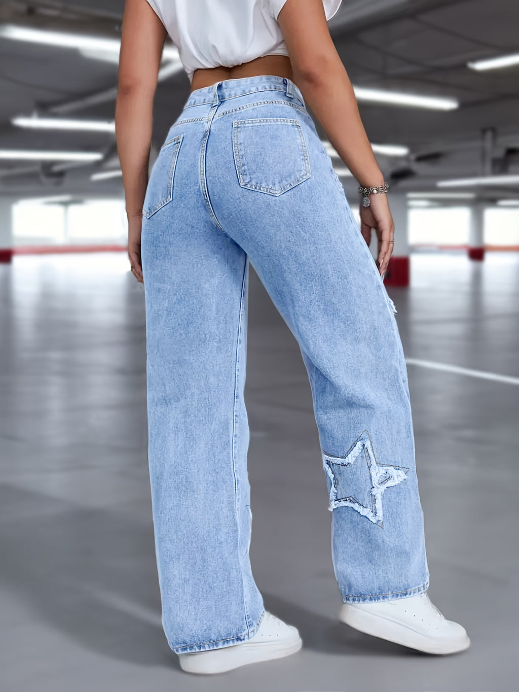 Women's Elegant Star Straight-Leg Jeans - Stretch Denim, Comfort Fit, Machine Washable, Versatile All-Season Wear