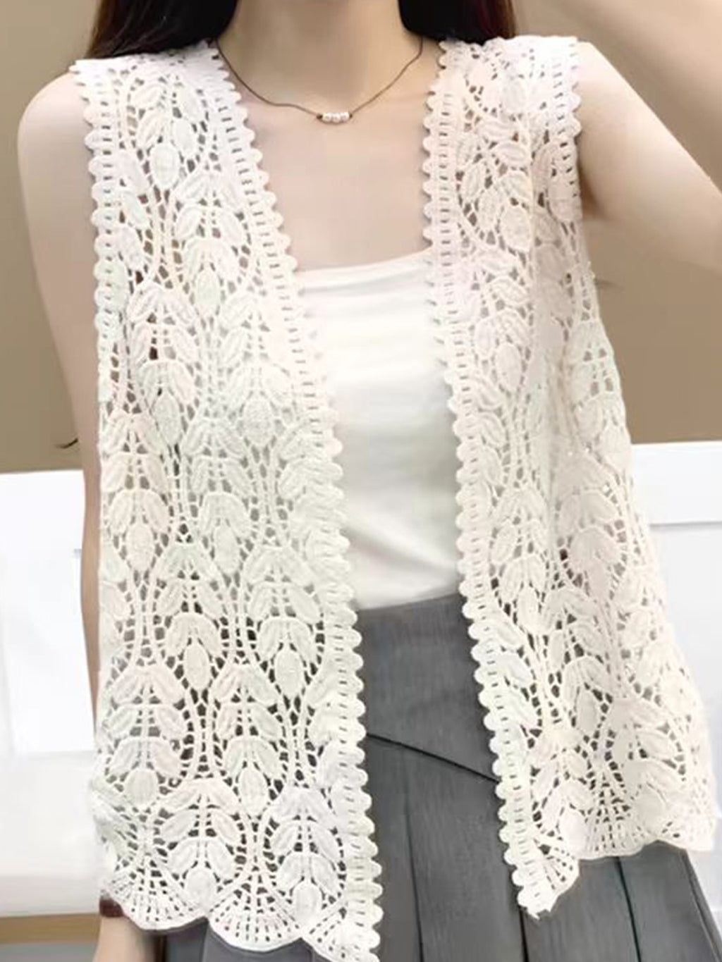 Women'S Polyester Hollow Knit Vest, Sleeveless Collarless, Solid Color, Breathable Mesh Design, for All Seasons