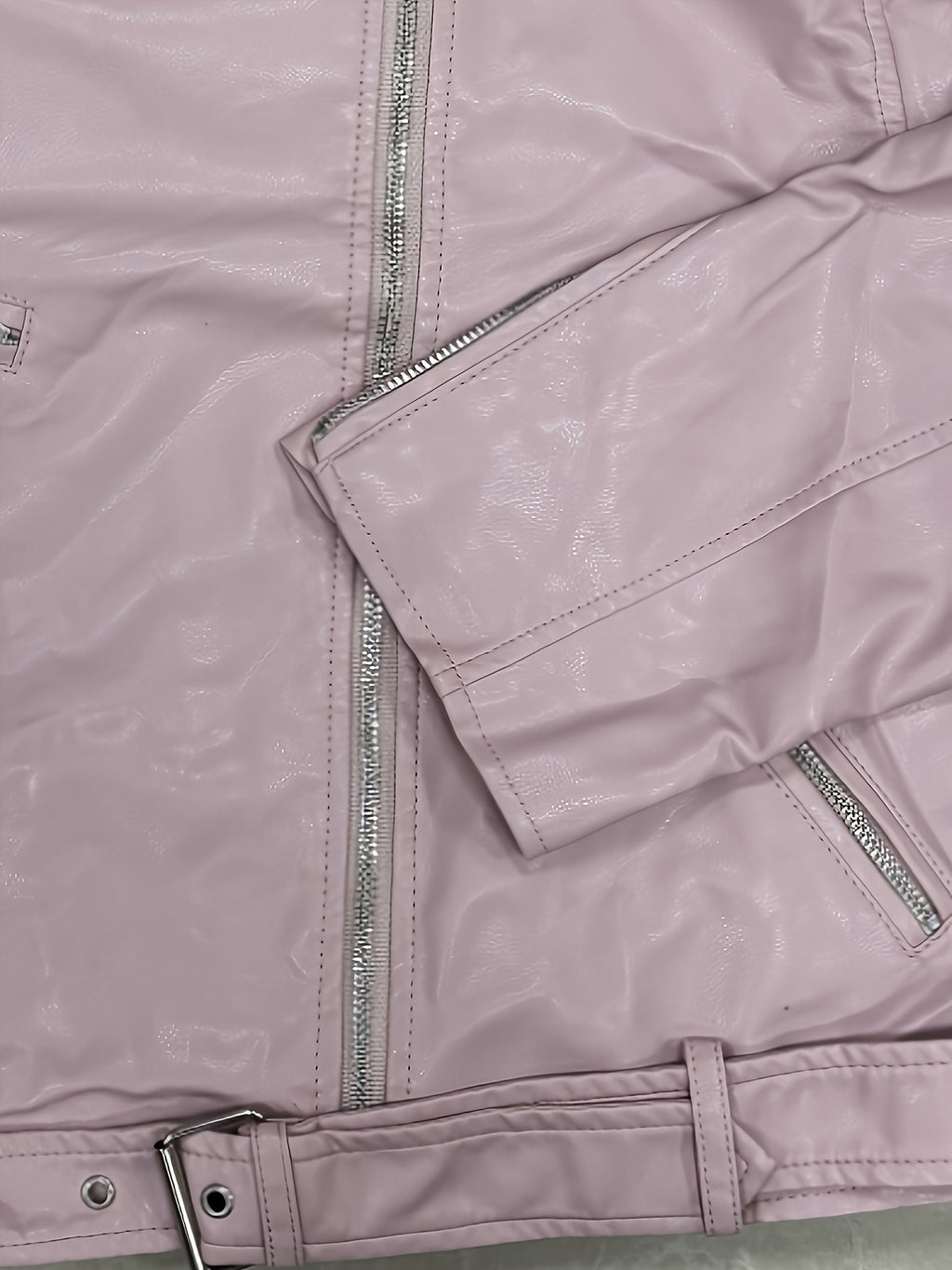 Women'S Chic Pink Faux Leather Jacket - Casual Short Style with Asymmetrical Hem, Zipper & Button Details, Perfect for Motorcycle Riding & Casual Attire, Motorcycle Jacket
