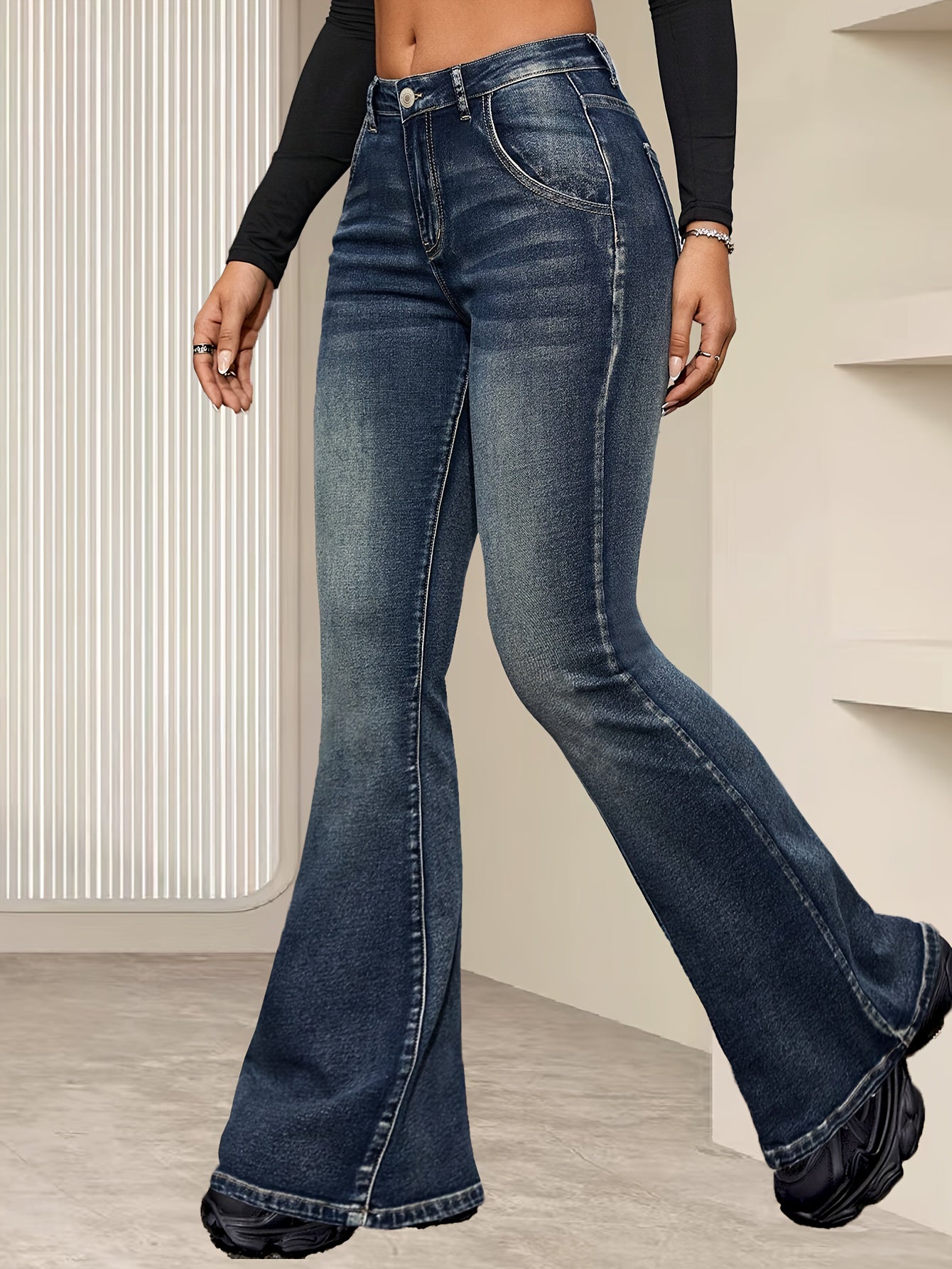 1pc Elegant High-Waisted Flare Jeans for Women, Vintage Blue Denim with Cat Whisker Detail, Stretch Fabric, Solid Pattern, Long Length, All-Season, Button Closure, Woven Weave