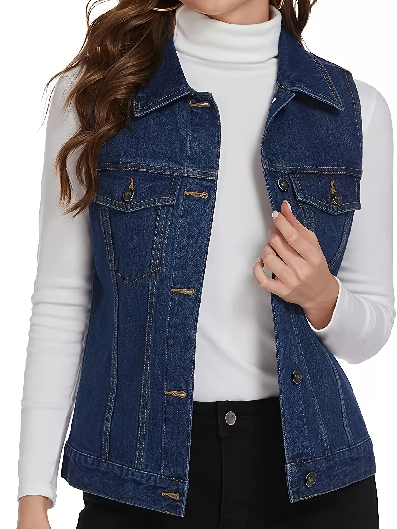 Women's Sleeveless Denim Vest Jacket with Flap Pockets - Casual Light Blue Jean Vest for Spring\u002FFall, Machine Washable, Classic Collar Design
