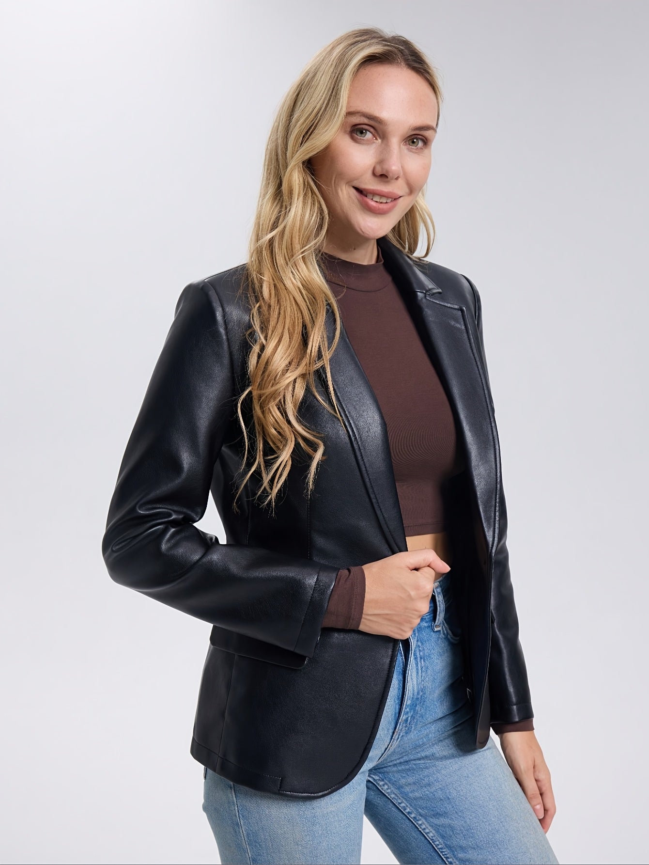 Women'S Casual Commute Faux Leather Jacket - Black, Long Sleeve, Single Button Front, Polyester Lining, Fall\u002FWinter Style, Stylish Casual Jacket|Faux Leather Jacket|Polyester Lined Jacket