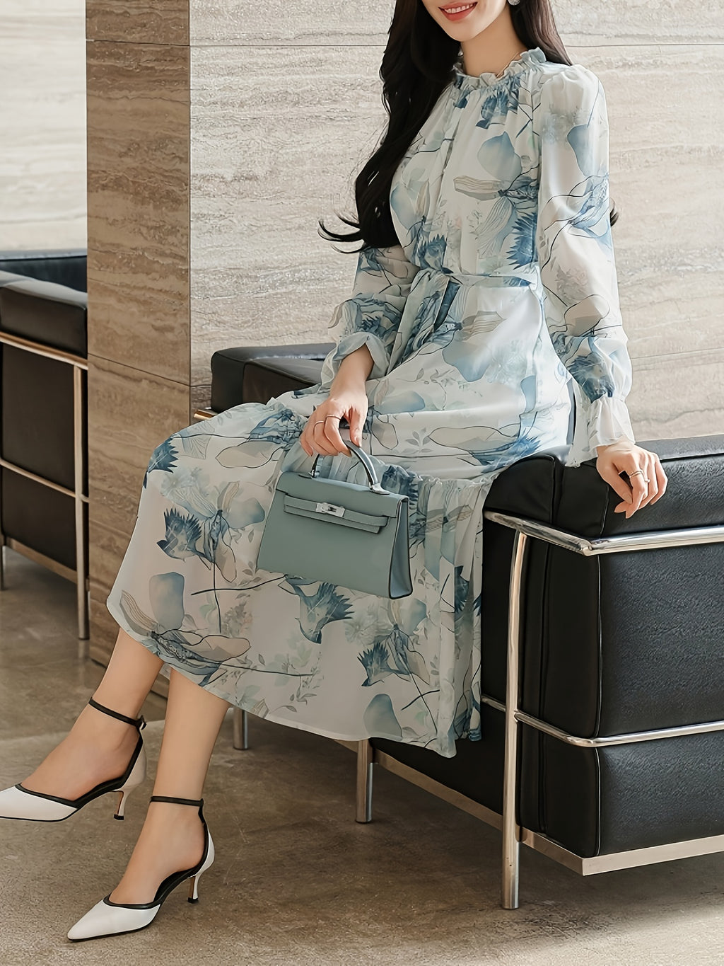 Elegant Floral Print A-Line Dress with Adjustable Waist and Crew Neck - Light Blue Floral Pattern, Short Sleeve, Summer Women'S Dress, Elegant Event Attire | Floral Print Dress | Sleeveless Dres