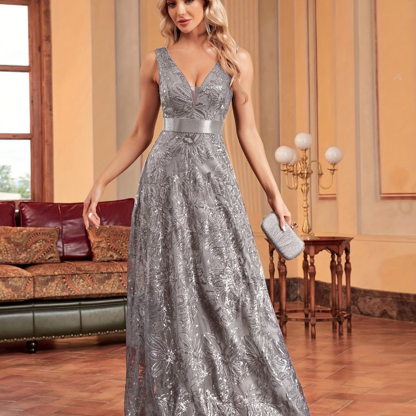 Elegant V-Neck Sequin Embroidered Sleeveless Maxi Dress for Women - Flowing Floor-Length Evening Gown with Lace Detailing, Perfect for Parties, Proms, and Formal Events