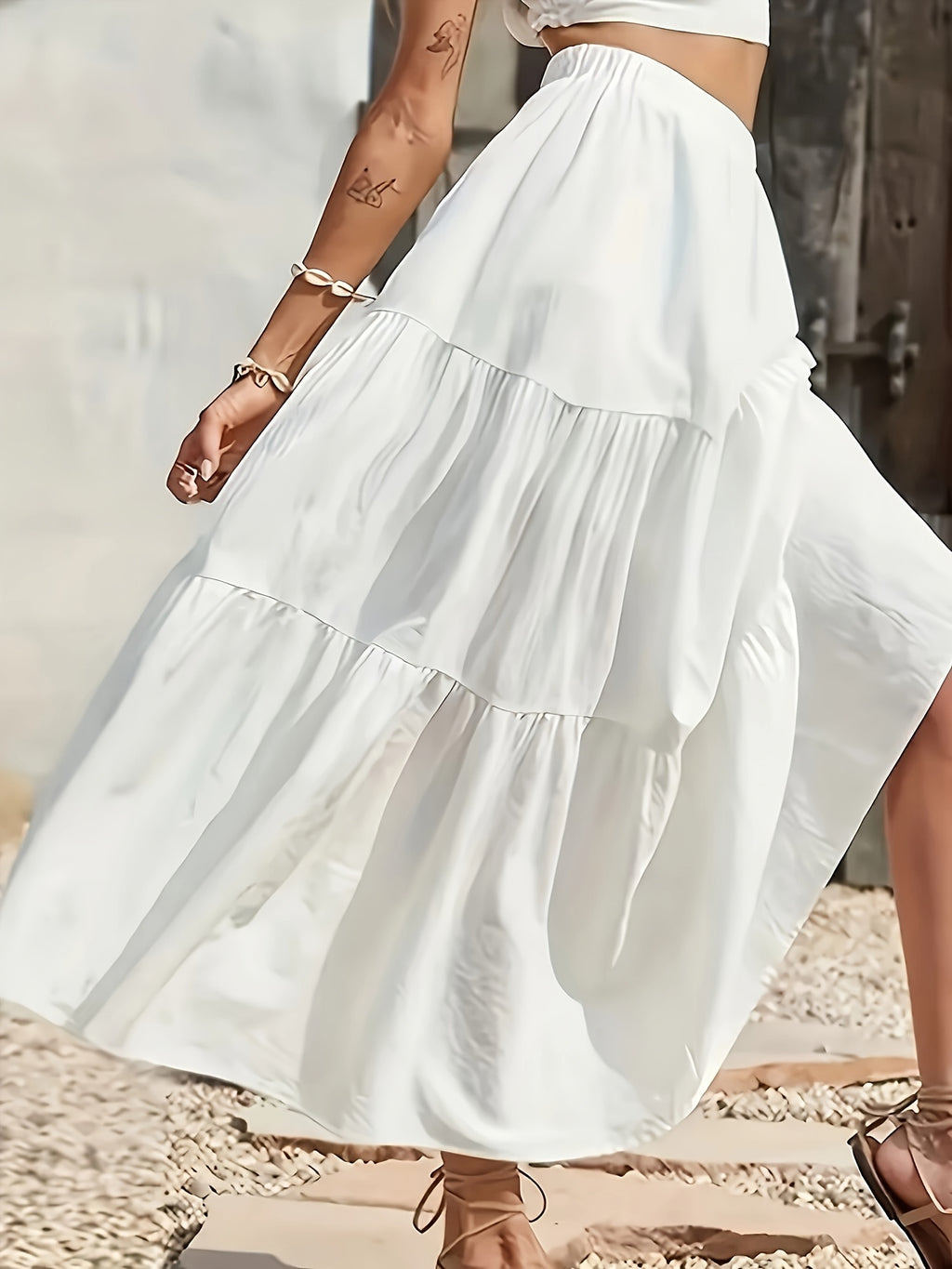 Elegant White Midi Skirt for Women - Flared Hem, Tiered Design, Slimming Effect, Perfect for Summer Fashion, Casual Summer Wear|Layered Look| Flowing Silhouette, Skirt for Dress