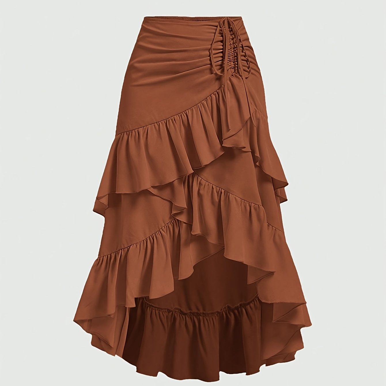 Vintage Brown Pleated Midi Skirt with Ruffled Hem and Cross Detail – Breathable, Stretchy Waistband, Machine Washable – Perfect for Commuting, Outings, and Everyday Elegance