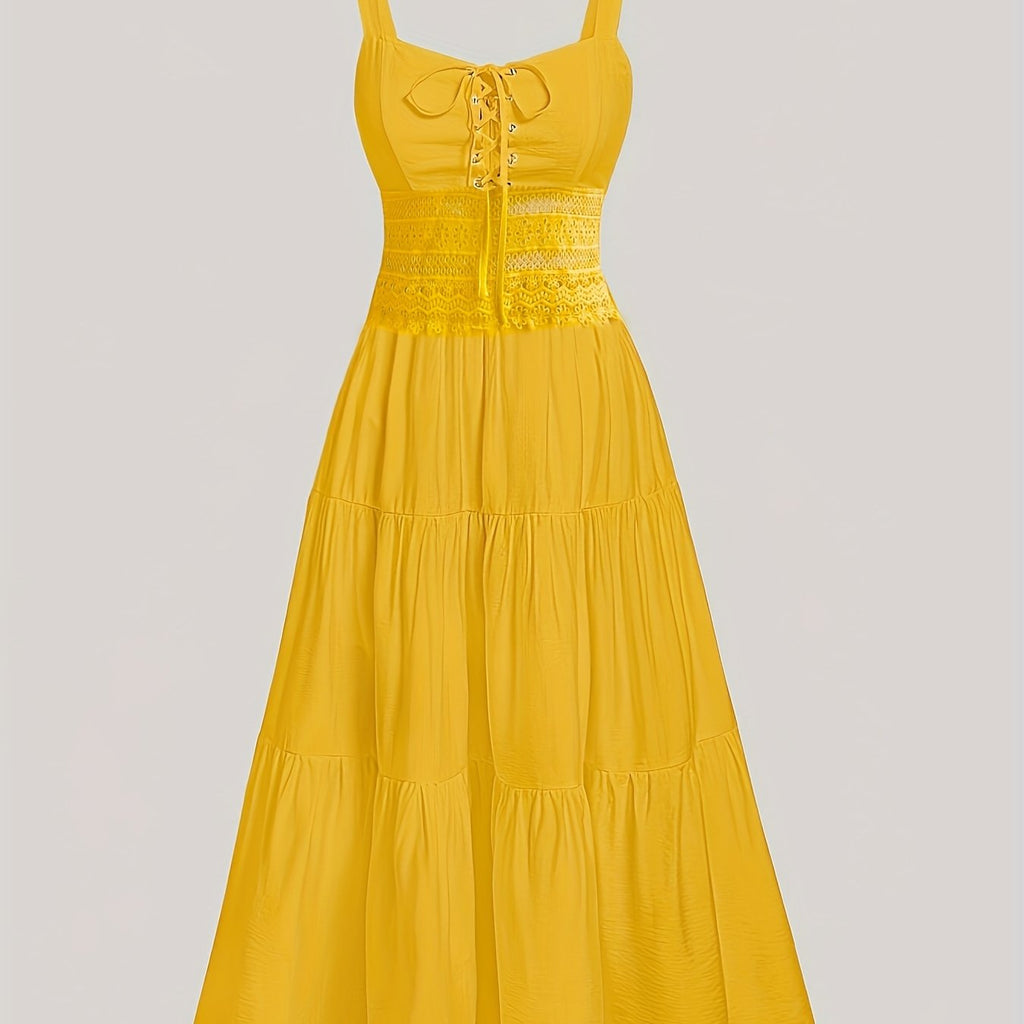 Women's Elegant V-Neck Lace Trim Tiered Maxi Dress - Mustard Yellow with Adjustable Back Ties, Fitted Bodice & Flowy Skirt, Machine Washable for Spring Summer Fall, Lace Dress