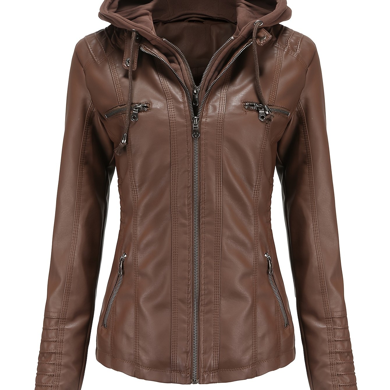 Women'S Elegant Black Hooded Jacket with Detachable Shoulder Straps - Perfect for Spring and Fall, Casual Style, Zipper Closure, Faux Leather Outerwear, Casual Jacket| Detachable Shoulder Straps|Zipper Closure Jacke