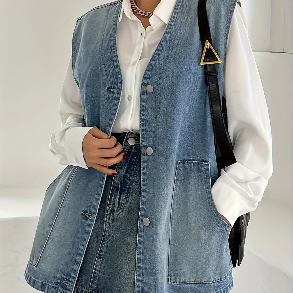 Women's Vintage Washed Blue Denim Vest - Loose Fit Button-Up Sleeveless Jacket with Flap Pockets, Retro Style, Machine Washable