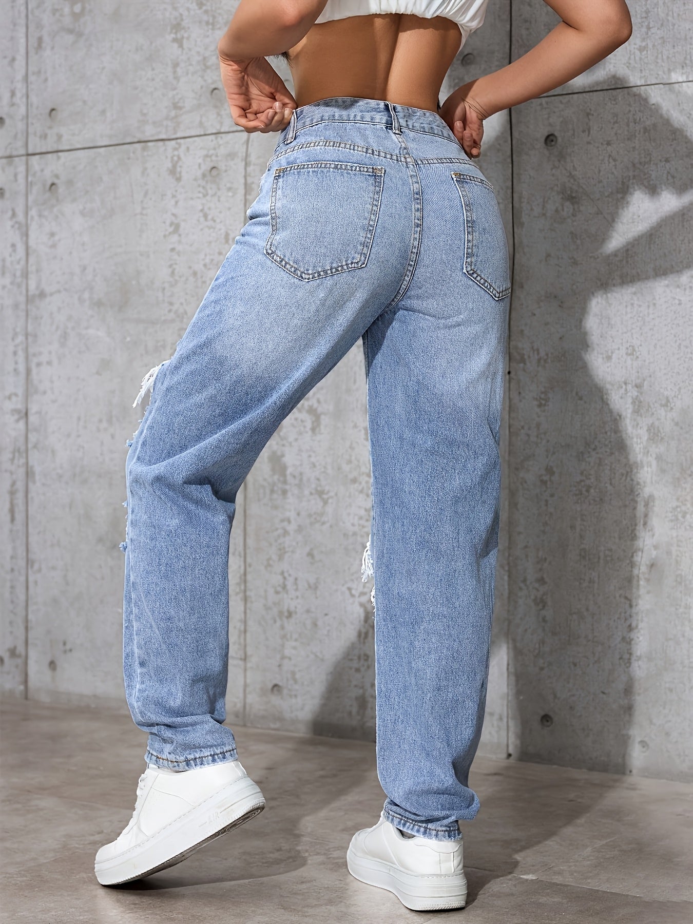 Light Blue Distressed Straight-Leg Vintage Long Pants