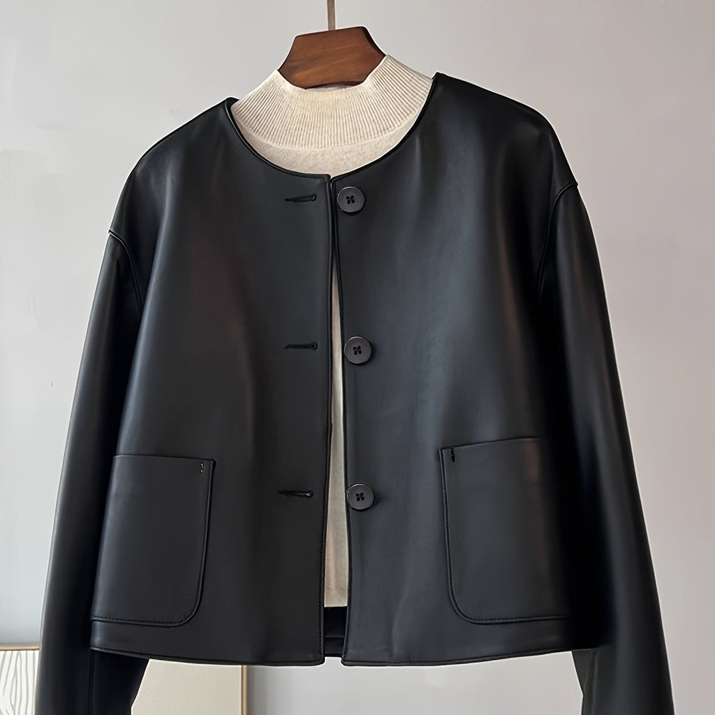 Women's Chic Green PU Leather Jacket - Casual Short Style with Button Front, Long Sleeves, and Side Pockets for Spring\u002FFall