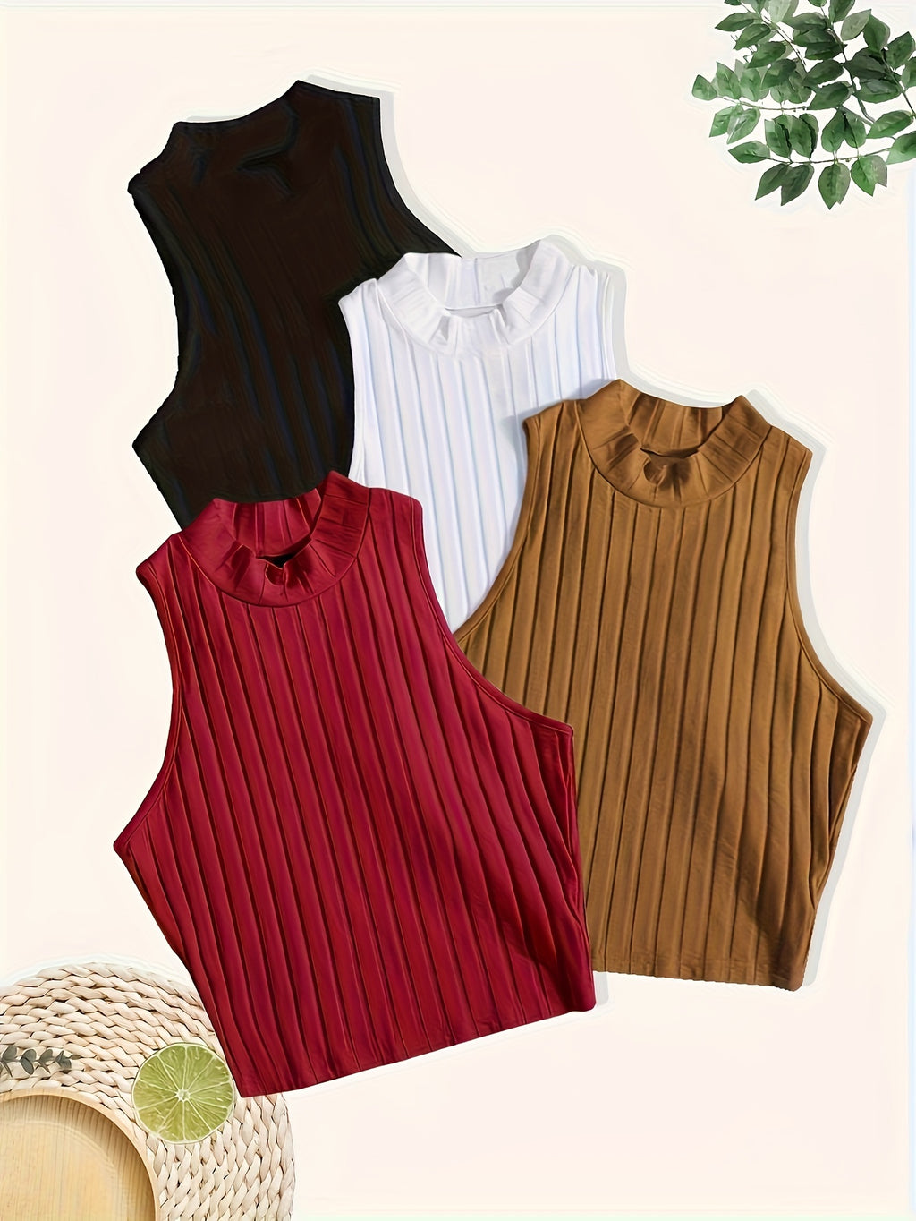Middle East Special Solid Color Ribbed Vest 4pcs Set, Elegant Stand-up Collar Sleeveless Navel Top