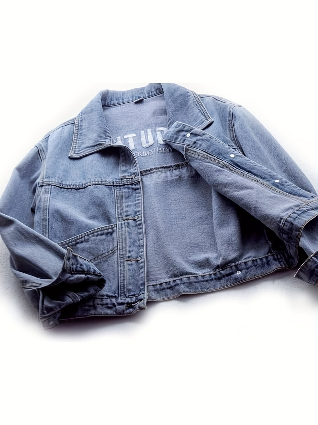 Women's Retro Slimming Loose Fit Short Jacket - 65% Blend Embroidered Letter Detail, Lapel Collar Spring\u002FFall Casual Outerwear, Versatile Blue Denim Coat for Casual Attire, Casual Women's Jacket | Embroidered Denim | Relaxed Fit Jacket