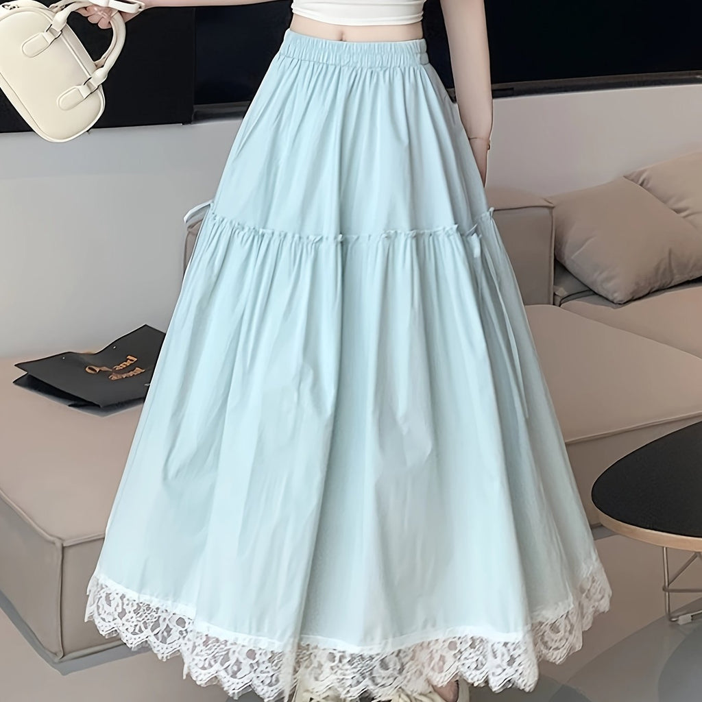 Elegant Blue Lace Trim A-Line Midi Skirt for Women - Lightweight Polyester, Flowy Umbrella Hem, Perfect for Spring\u002FSummer, Versatile Fashion Accessory, Summer Fashion | Flowy A-Line Skirt | Lightweight Skirt