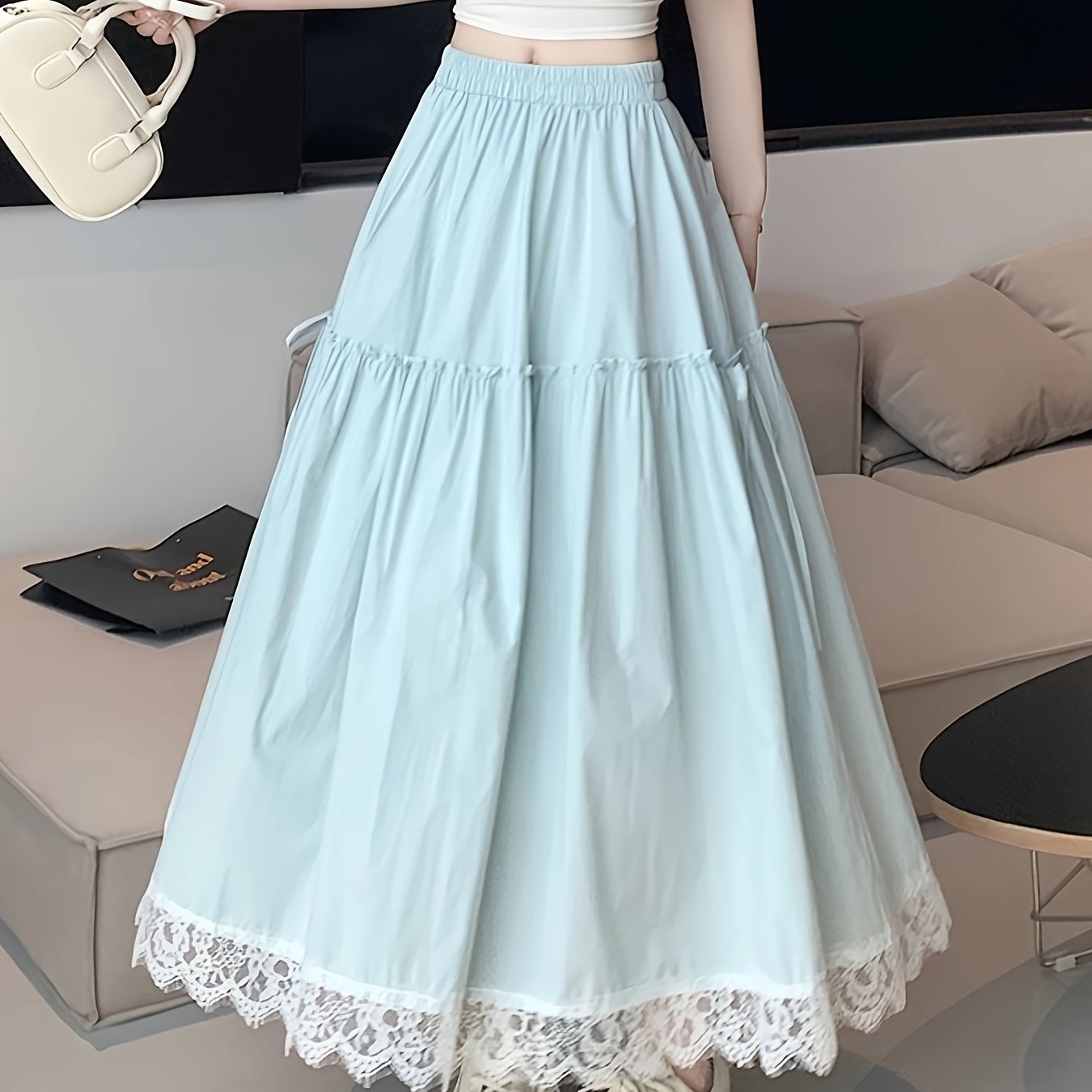 Elegant Blue Lace Trim A-Line Midi Skirt for Women - Lightweight Polyester, Flowy Umbrella Hem, Perfect for Spring\u002FSummer, Versatile Fashion Accessory, Summer Fashion | Flowy A-Line Skirt | Lightweight Skirt