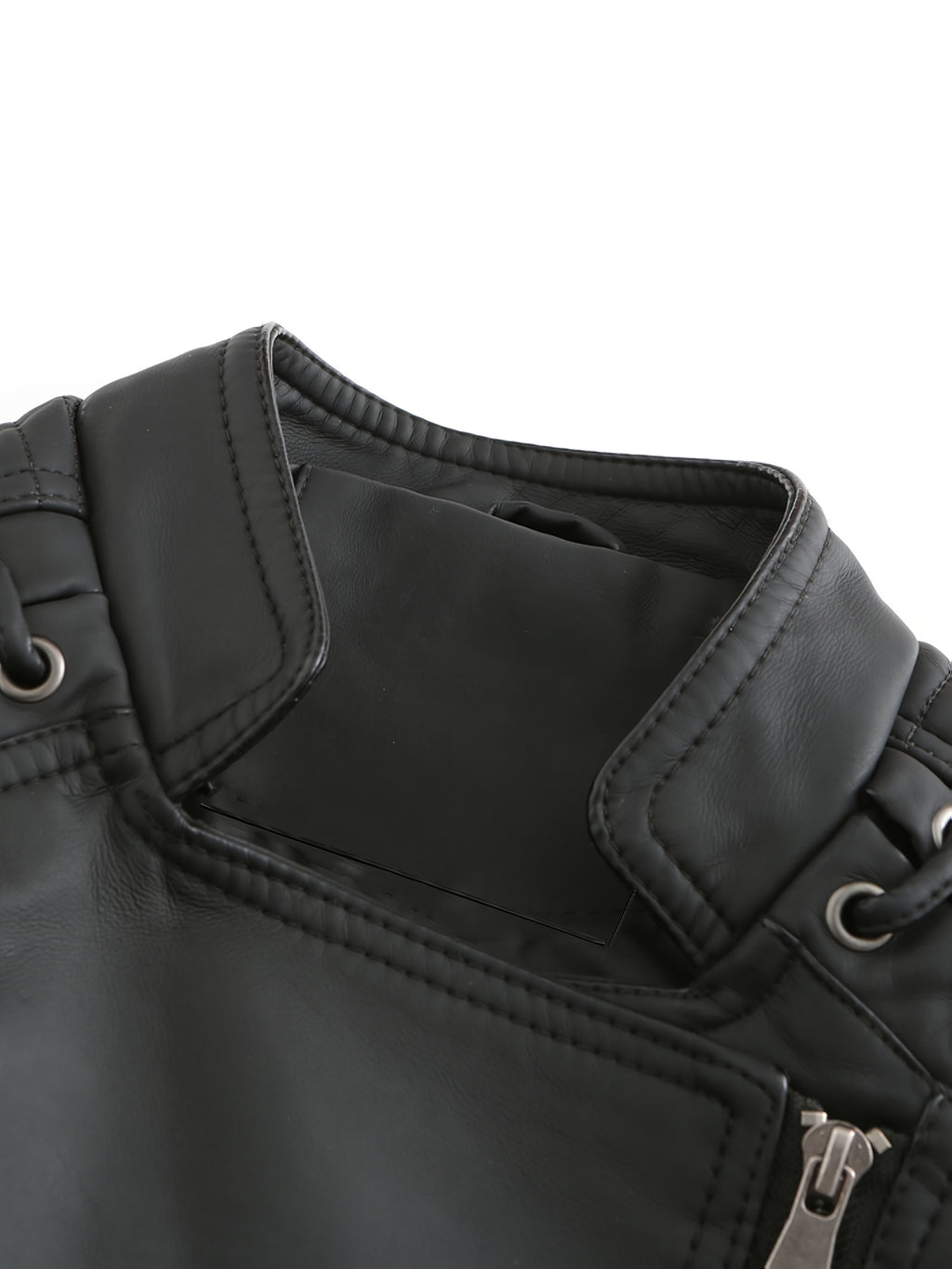 Short Silvery Zippered Motorcycle Jacket Black PU Moto Coat - Stand-Up Collar with Metal Buckles, Slim Fit Short Length, Shoulder Stitched Texture, Zippered Pockets