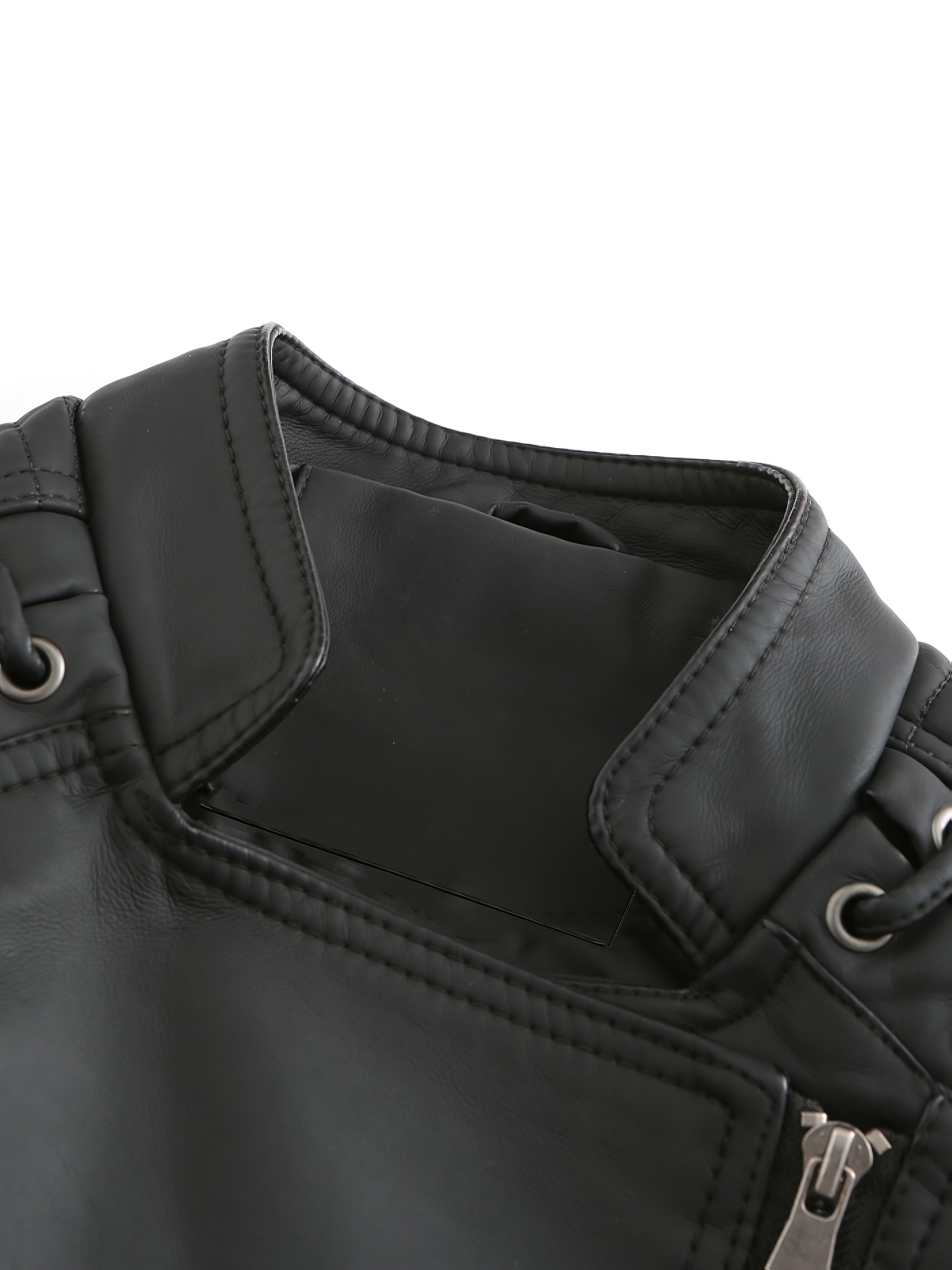 Short Silvery Zippered Motorcycle Jacket Black PU Moto Coat - Stand-Up Collar with Metal Buckles, Slim Fit Short Length, Shoulder Stitched Texture, Zippered Pockets