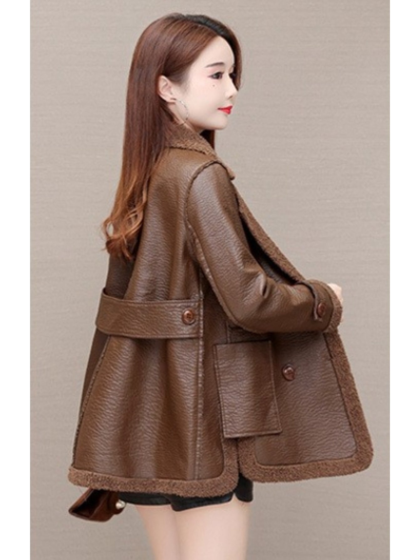 Elegant PU Leather Reversible Jacket for Women - Warm Fleece-Lined, Casual Loose Fit with Pockets, Solid Color, Polyurethane Material, Perfect for Fall\u002FWinter