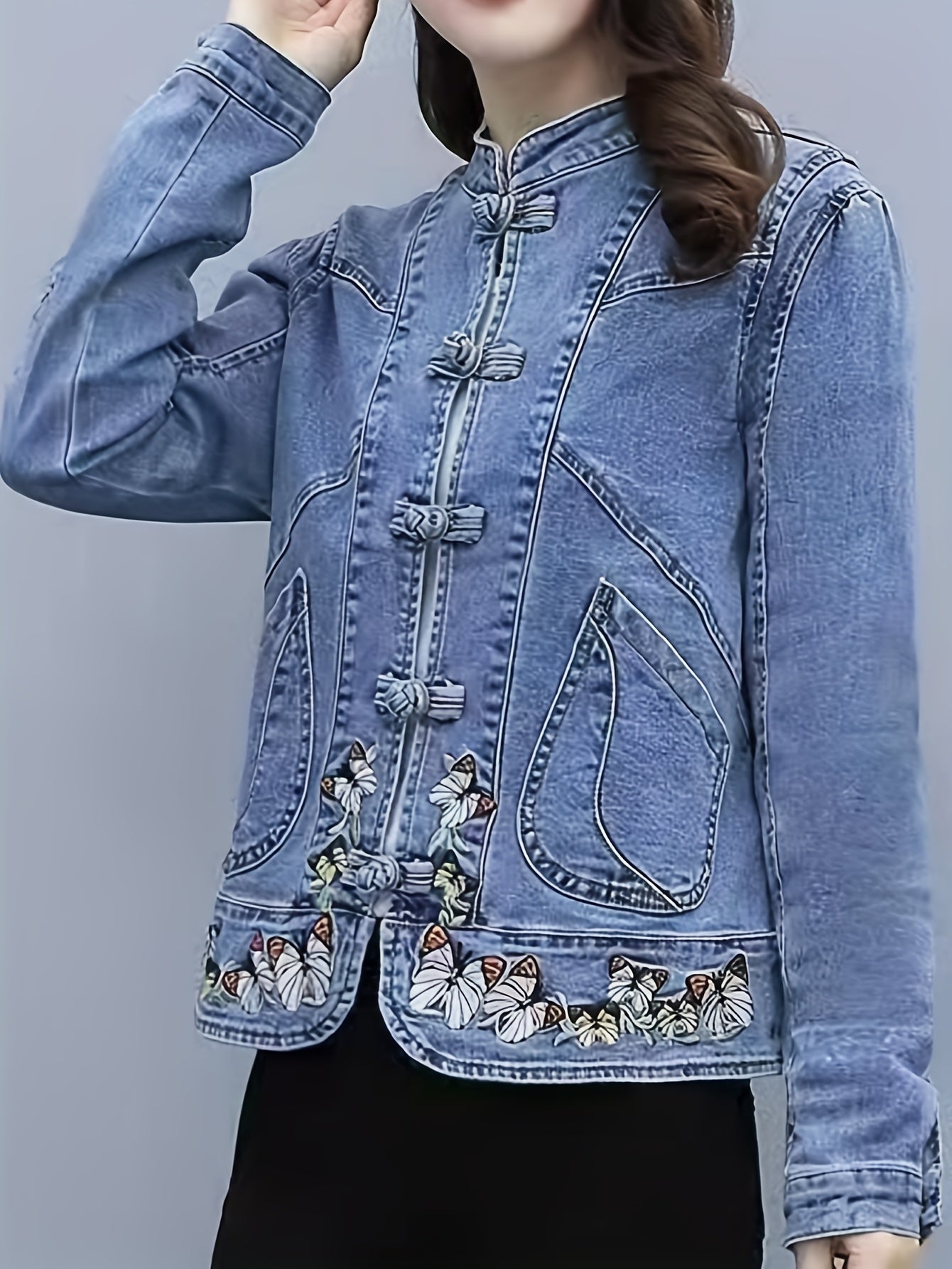 Women'S Vintage-Inspired Denim Jacket with Floral Embroidery - Short, Stretchy, Non-Stretch Fabric, Perfect for Spring & Fall, Casual Style Jacket|Vintage Denim Jacket|Embroidered Detail