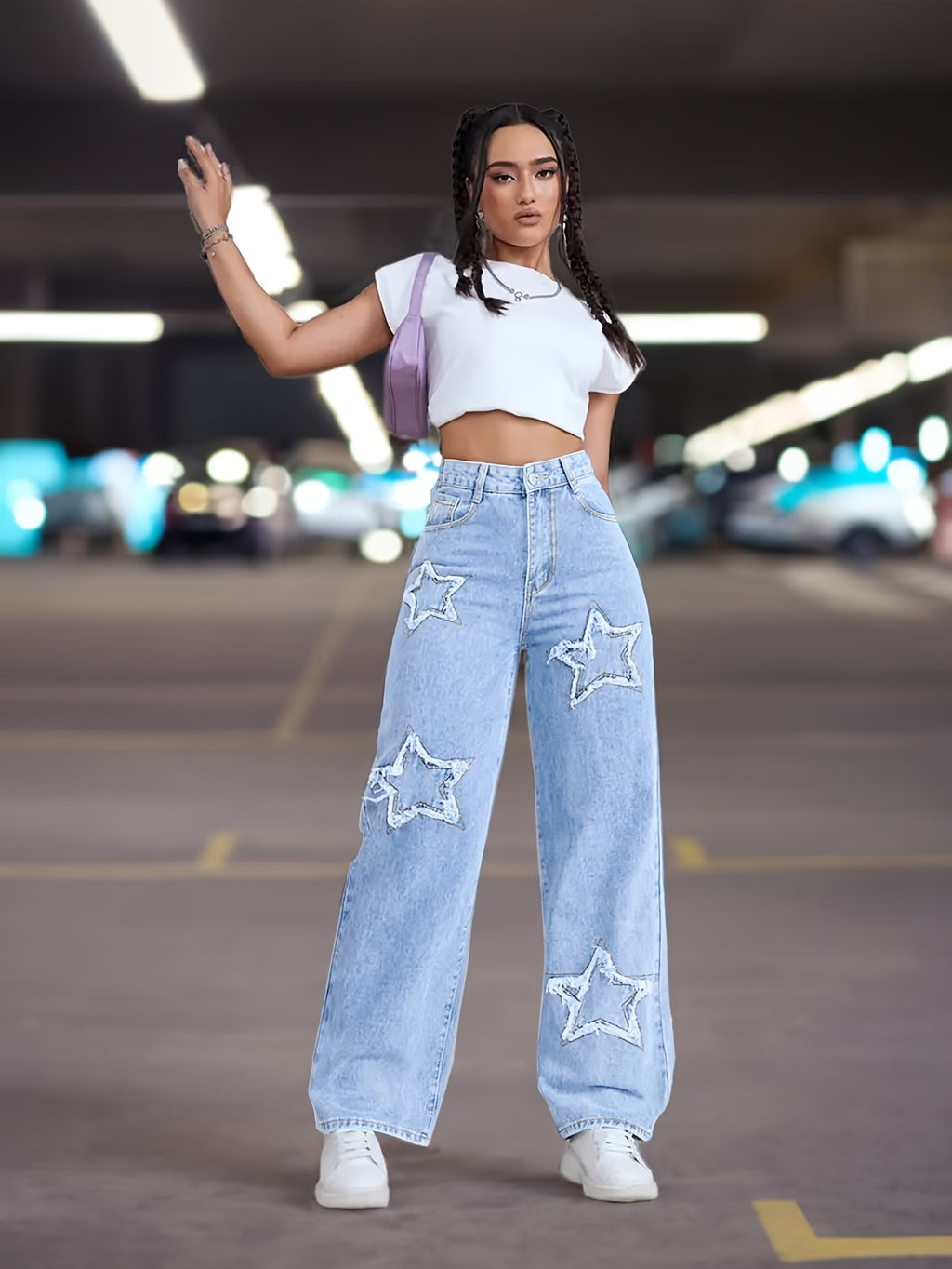 Women's Elegant Star Straight-Leg Jeans - Stretch Denim, Comfort Fit, Machine Washable, Versatile All-Season Wear