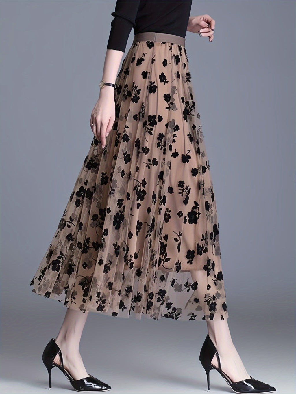 Directional Elegant Floral Printed Mesh Skirt, High-Waisted Casual Long Skirt, Women'S Clothing