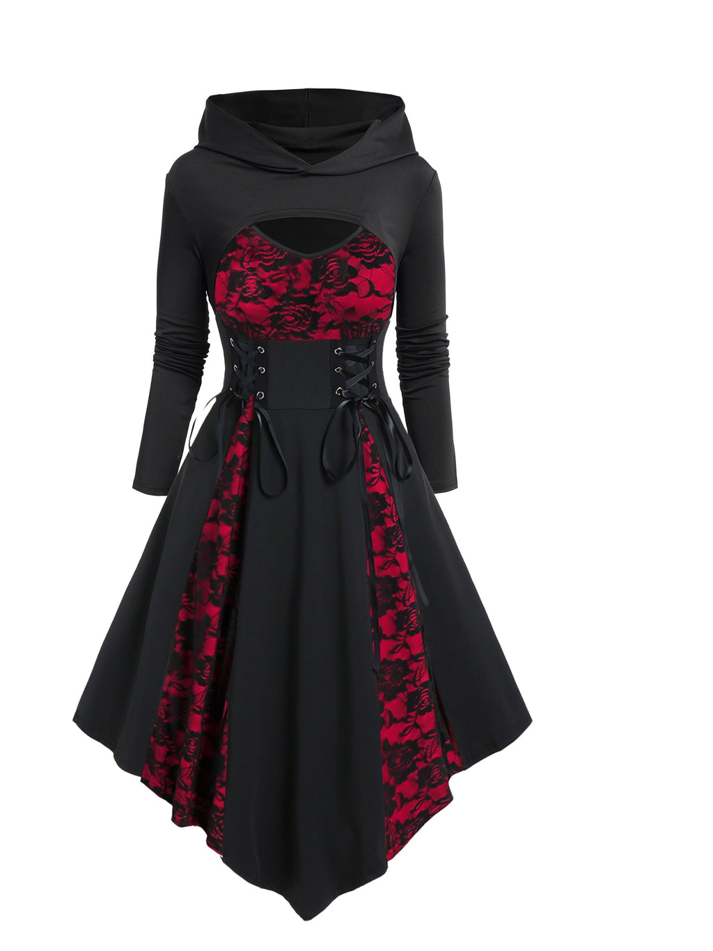 Gothic-Inspired Women's Outfit Set: Rose Lace Contrast Dress with Tie Waist & Long Sleeve Top, Plus Matching Hat - Perfect for Christmas & Casual Parties