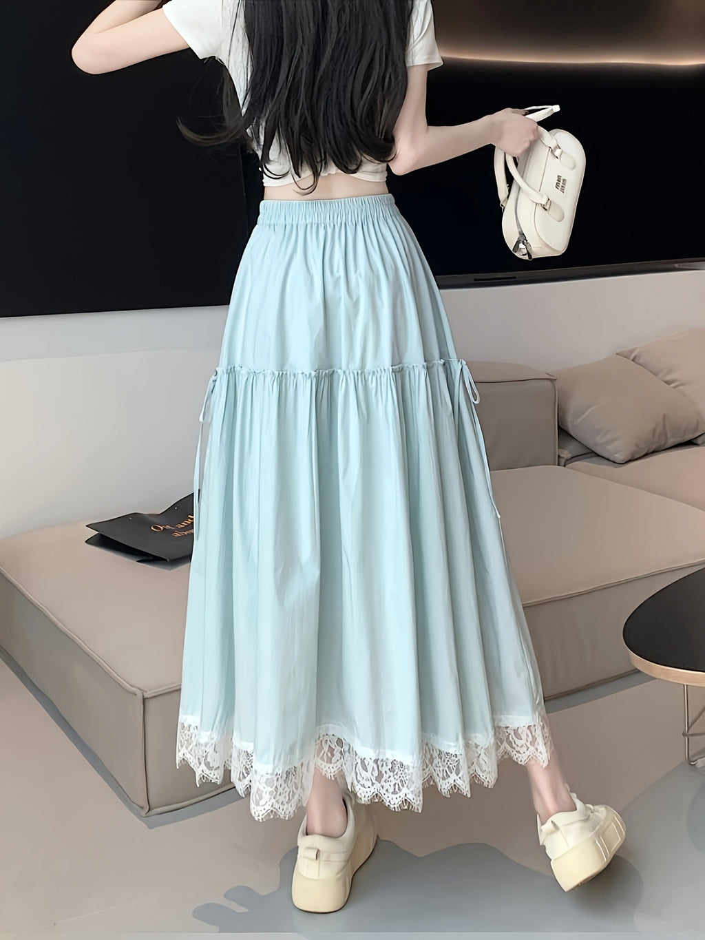 Elegant Blue Lace Trim A-Line Midi Skirt for Women - Lightweight Polyester, Flowy Umbrella Hem, Perfect for Spring\u002FSummer, Versatile Fashion Accessory, Summer Fashion | Flowy A-Line Skirt | Lightweight Skirt