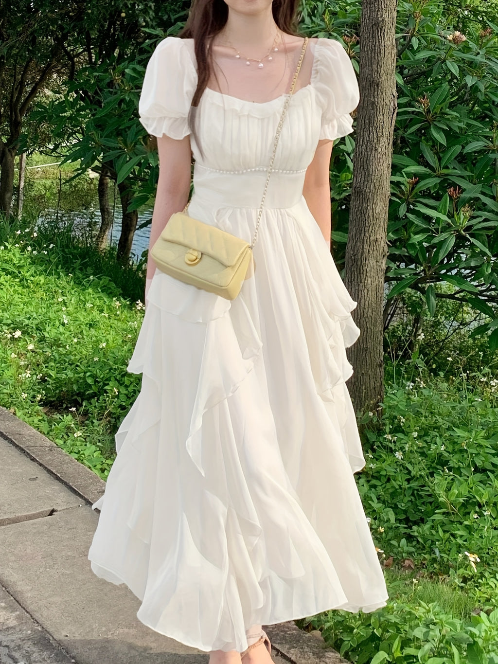Elegant French-Inspired Midi Dress with Ruffled Sleeves and Square Neckline - Beaded Cinched Waist, Flowing A-Line Silhouette, Perfect for Spring\u002FSummer, Cute Dres