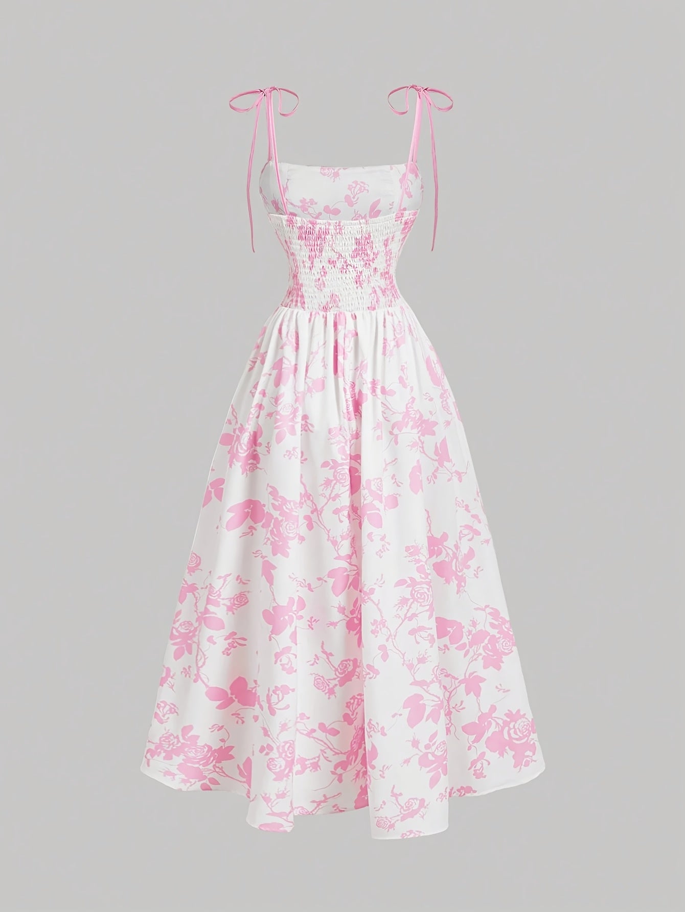 Elegant Floral Print Square Neck Dress for Women - Sleeveless A-Line Midi with Lace-Up Detail, Spring\u002FSummer\u002FFall Fashion, White with Blue Floral Patterns, Floral Dress