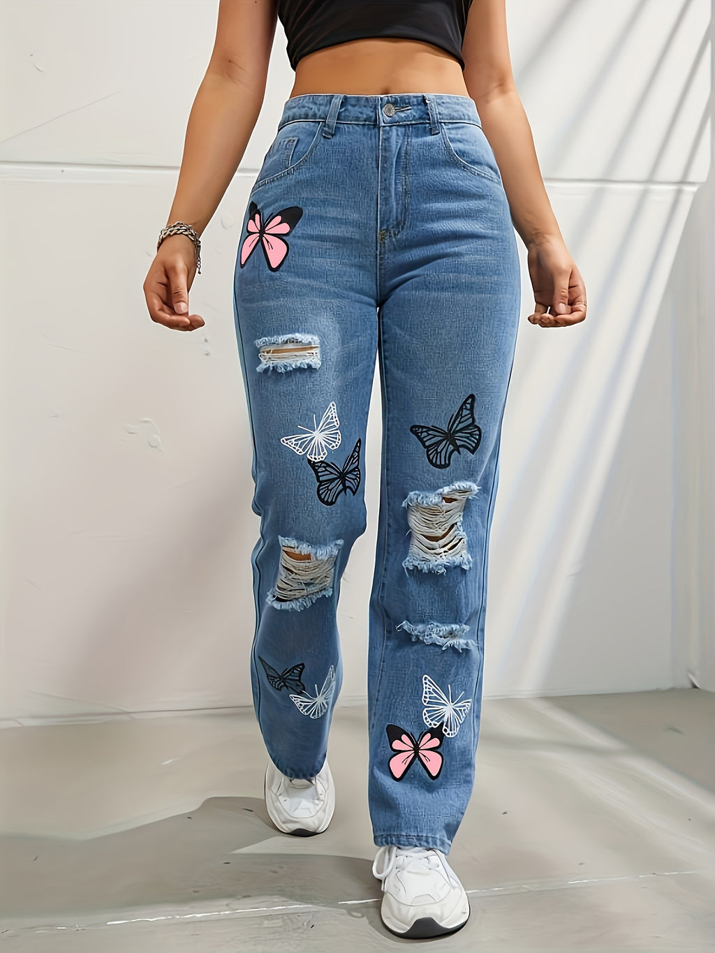 Women's High-Waist Distressed Butterfly Print Straight-Leg Jeans - Light Blue Denim with Black & Pink Butterfly Design, Ripped Detail, Casual Spring\u002FSummer Style, Butterfly Pants