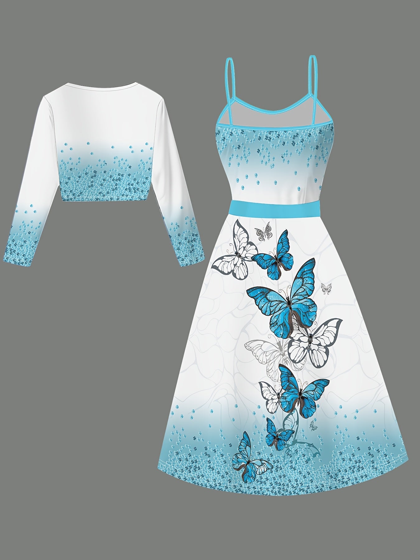 Charming Elegant Women's Long Sleeve Crop Jacket + Belt + Halter Dress Set with Fashionable Blue and White Gradient Butterfly Print