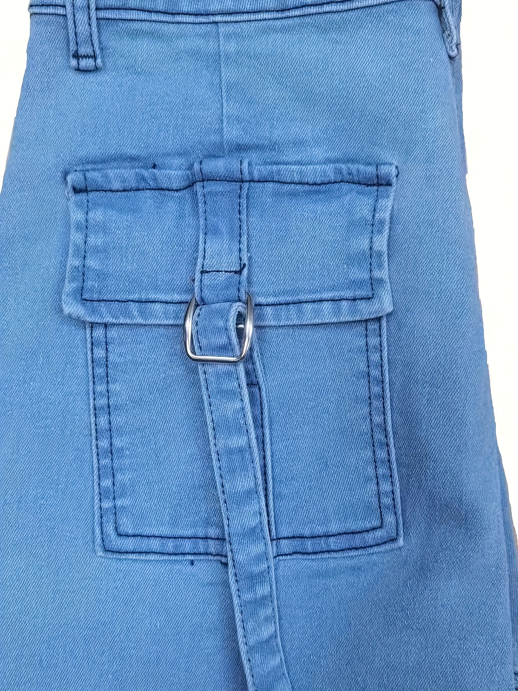 Women's High-Elasticity Skinny Cargo Jeans with Side Pockets - Stretch Denim, Mid-Rise, Light Blue, Street Style, Machine Washable