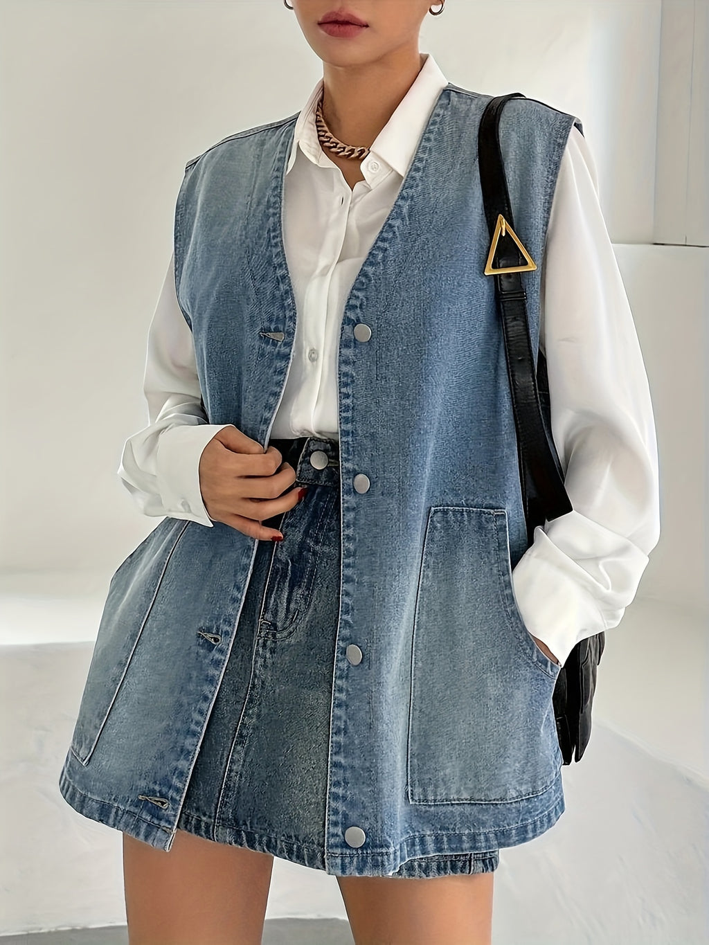 Women's Vintage Washed Blue Denim Vest - Loose Fit Button-Up Sleeveless Jacket with Flap Pockets, Retro Style, Machine Washable