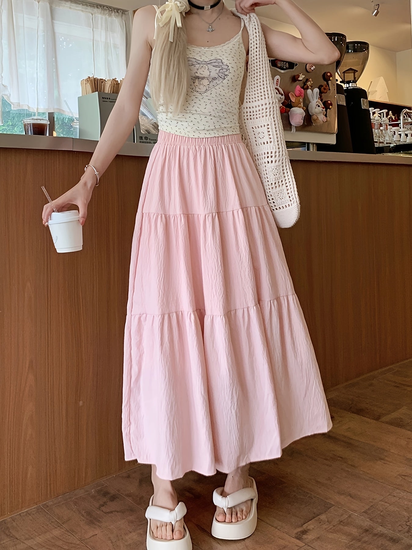 Spring And Autumn Women'S High-Waisted Slimming Versatile White Midi Skirt with Elastic Waist, Mid-Length Black Skirt with Lining, Beach Party Long Skirt.