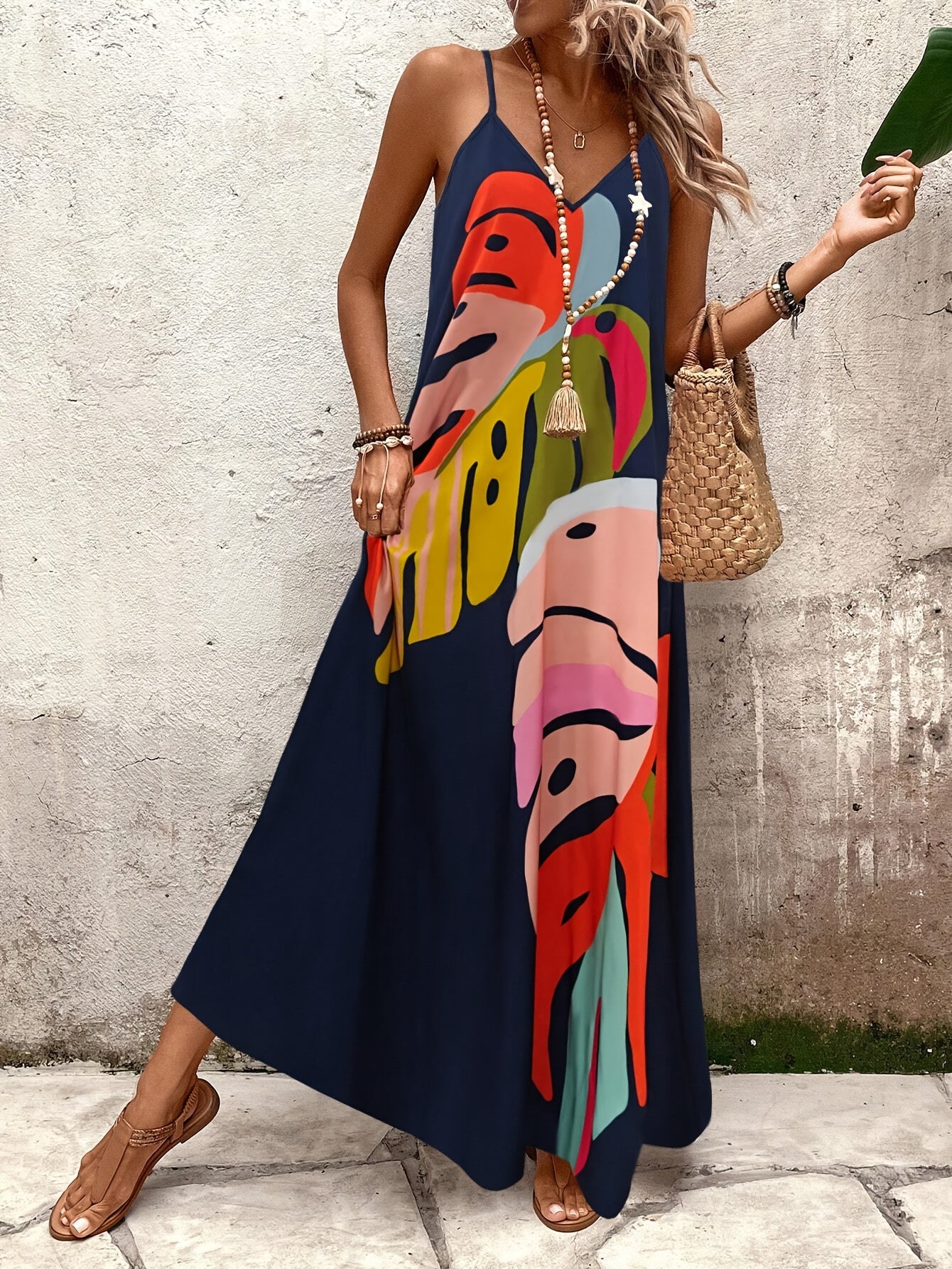 Women's Tropical Leaf Print Sleeveless Maxi Dress - Vibrant Orange & Green Loose Fit Summer Dress with Thin Straps, Machine Washable for Beach Vacations & Casual Outings, Warm Weather Clothing | Flowing Maxi Dress | Lightweight Fabric, Beach Dress