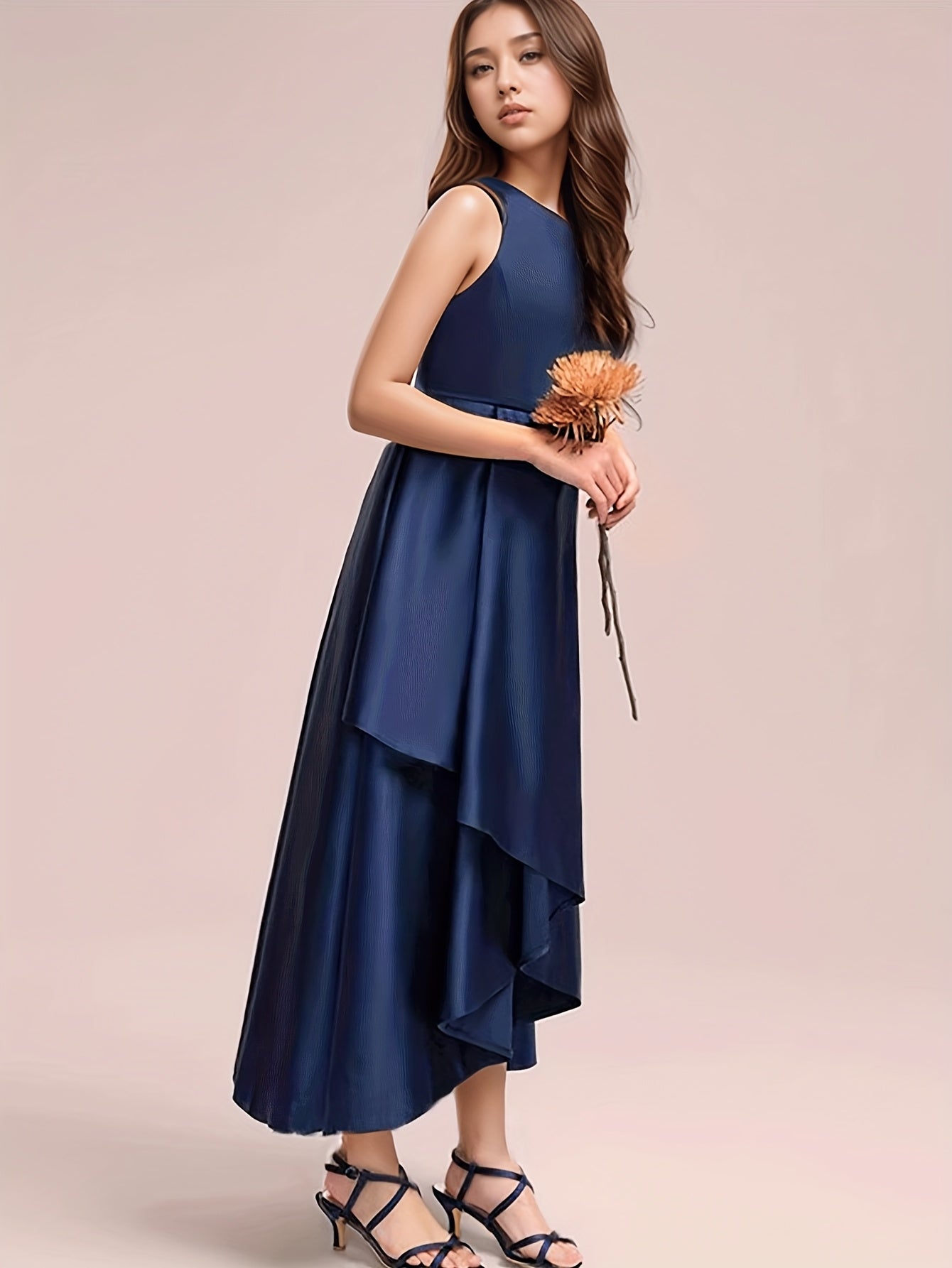 GULULU Girls' Elegant Summer Dress - Sleeveless Navy Blue A-Line Gown with Floral Detail, Lightweight Polyester Fabric, Perfect for Youngsters, Princess Style Long Dress, Summer Dresse