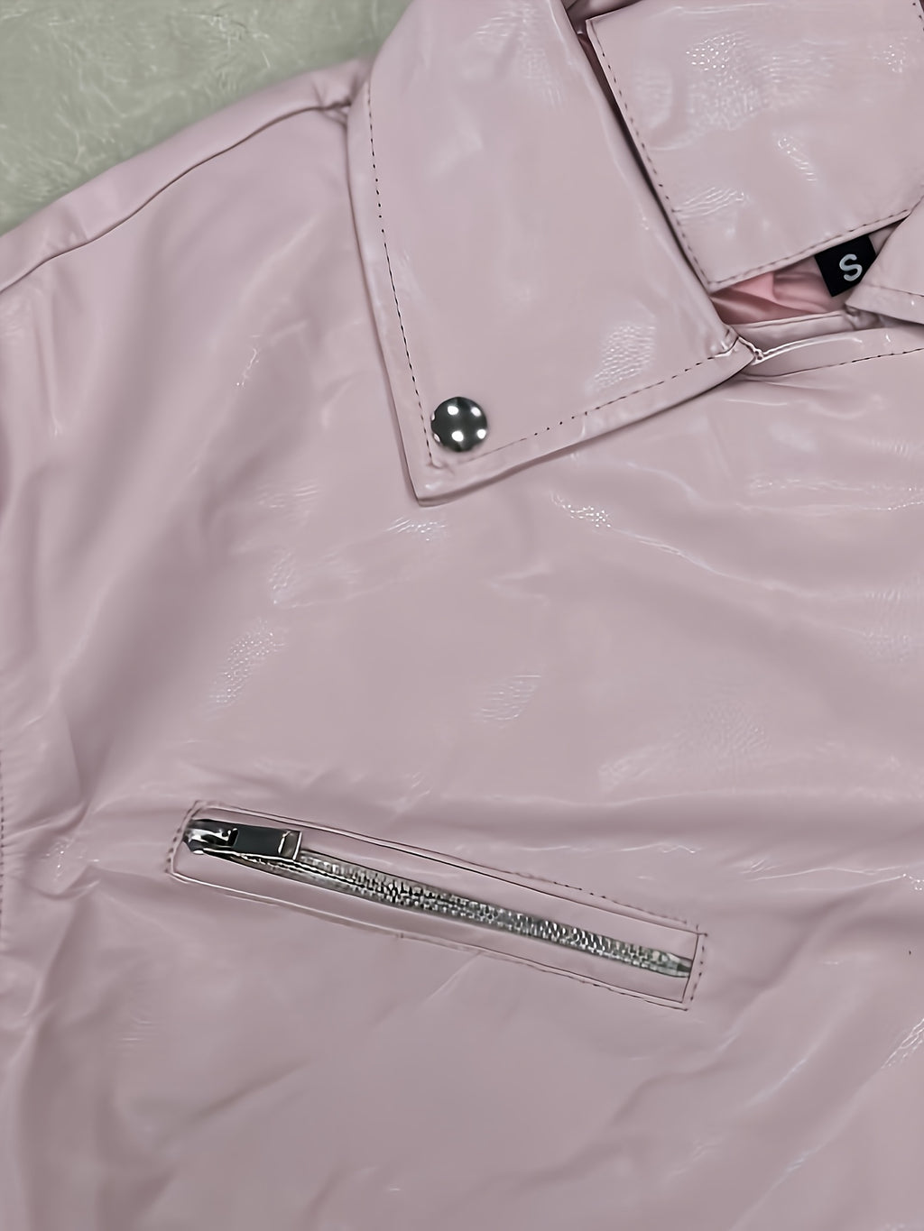 Women'S Chic Pink Faux Leather Jacket - Casual Short Style with Asymmetrical Hem, Zipper & Button Details, Perfect for Motorcycle Riding & Casual Attire, Motorcycle Jacket
