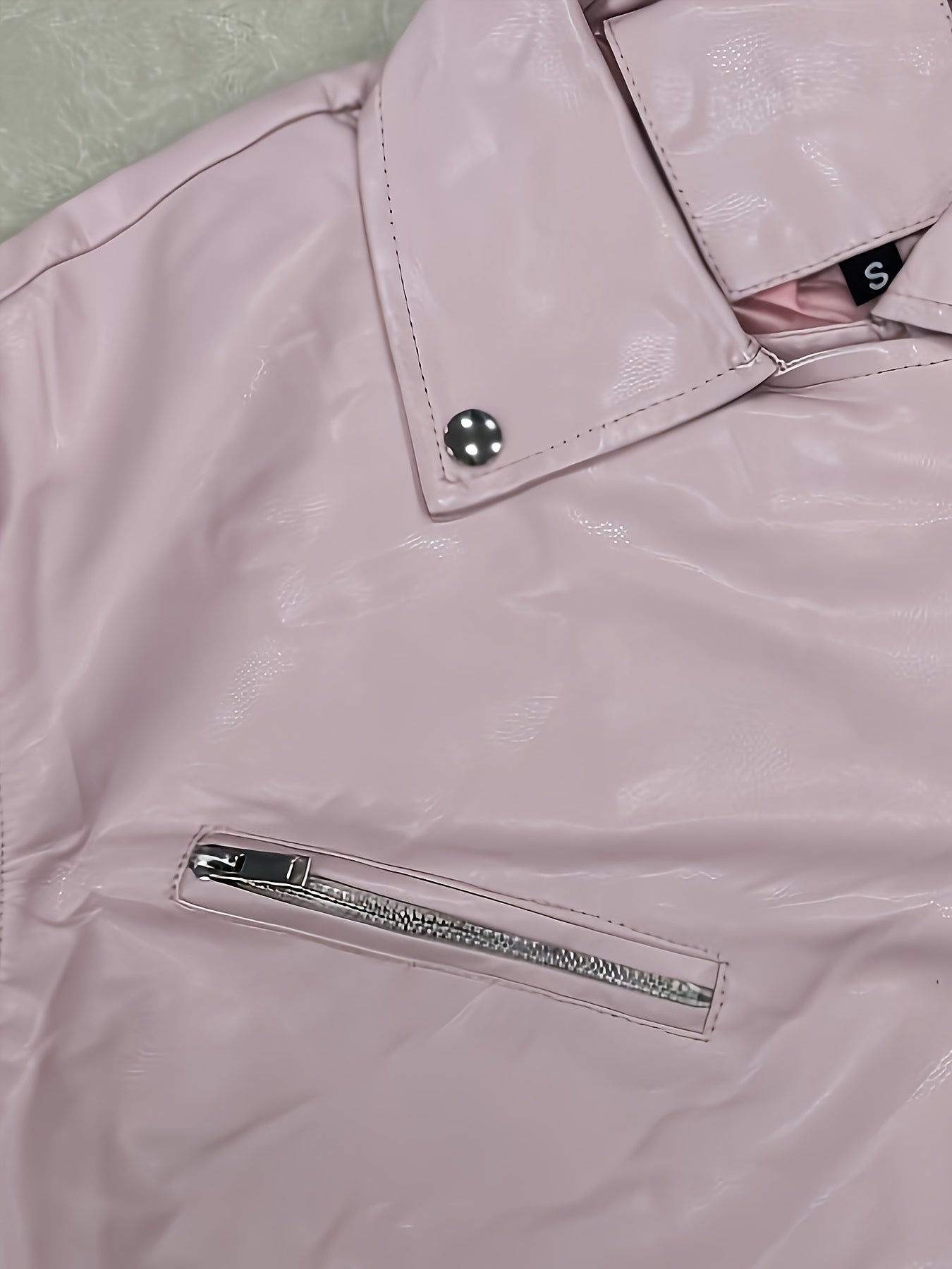 Women'S Chic Pink Faux Leather Jacket - Casual Short Style with Asymmetrical Hem, Zipper & Button Details, Perfect for Motorcycle Riding & Casual Attire, Motorcycle Jacket