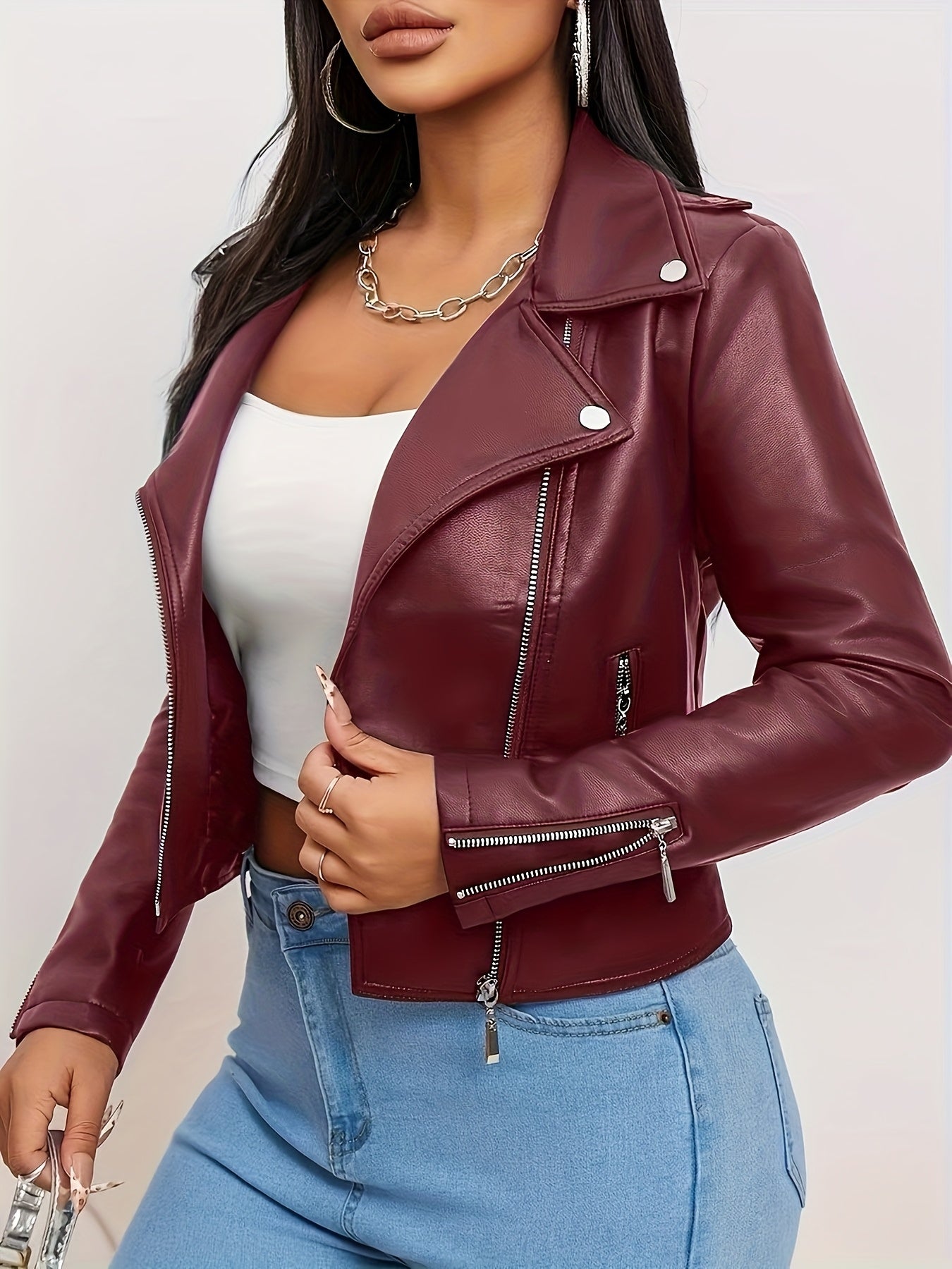 Women'S Chic Faux Leather Biker Jacket - Beige, Long Sleeve, Zipper Front, Pockets, Skinny Fit, Spring\u002FFall Fashion, Casual Attire Jacket|Chic Casual Jacket|Zippered Jacket
