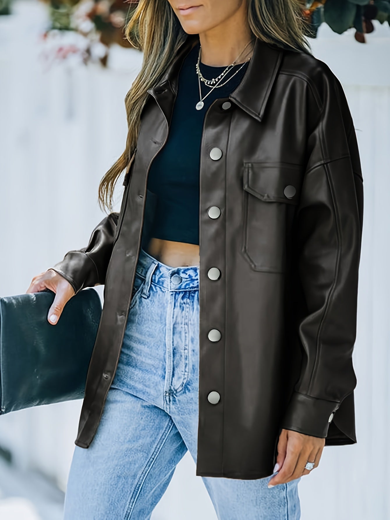 Spring\u002FSummer Women'S Faux Leather Jacket, Vintage Casual, Business, Elegant Style, Comfortable, Long Sleeve, Faux Leather, Side Waist, Split, Machine Washable, Daily Wear, Suitable for Spring, Summer, Autum