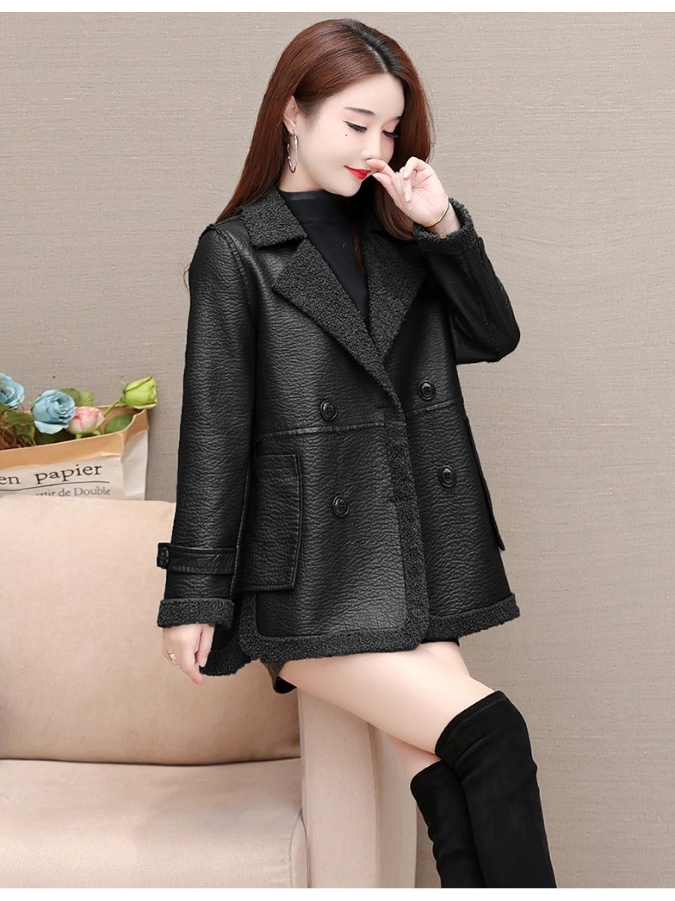 Elegant PU Leather Reversible Jacket for Women - Warm Fleece-Lined, Casual Loose Fit with Pockets, Solid Color, Polyurethane Material, Perfect for Fall\u002FWinter
