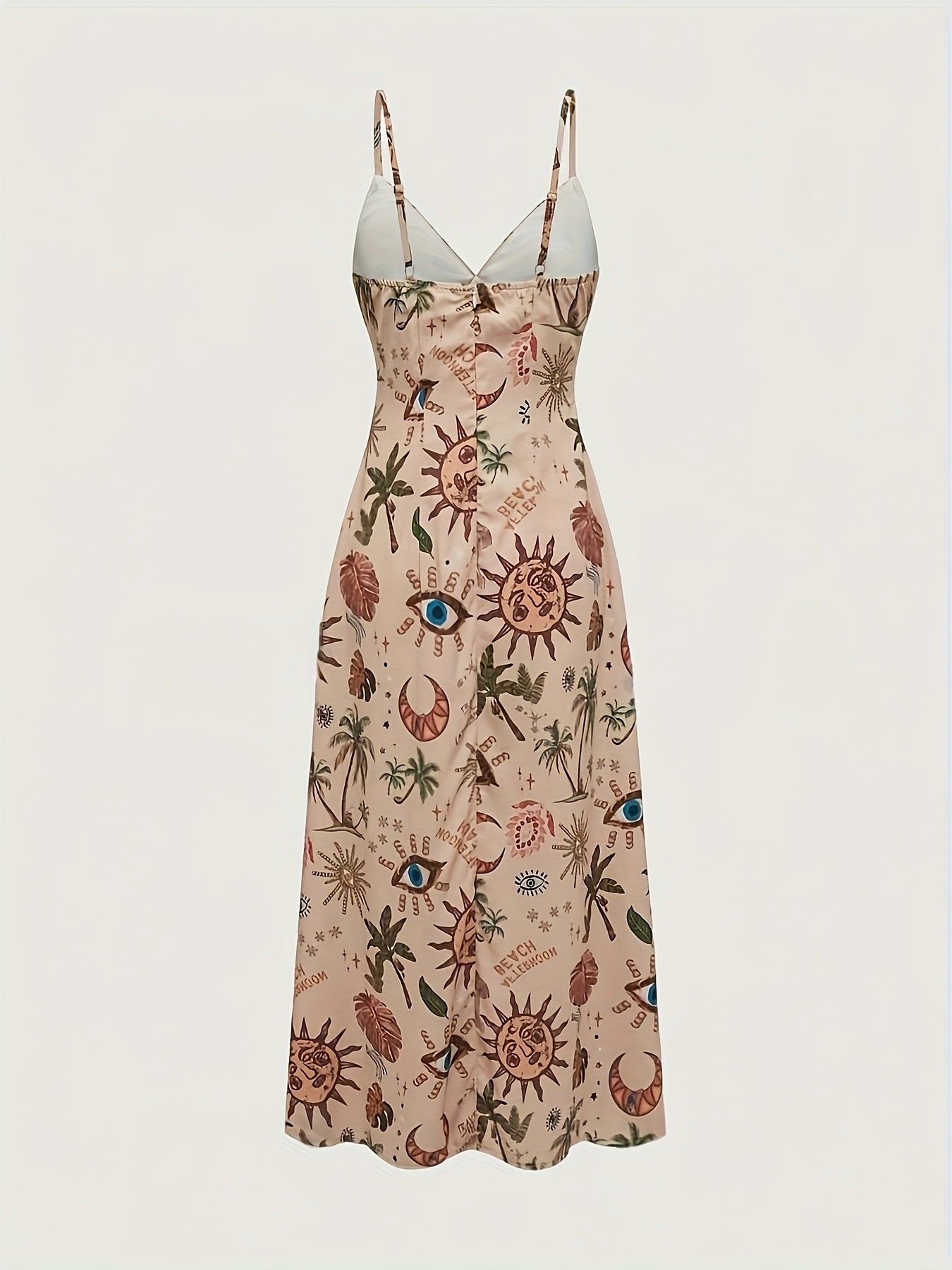 Vintage Floral Print Maxi Dress with V-Neck and Adjustable Spaghetti Straps - Sleeveless, Flowy Summer Dress for Women, Beige\u002FBlack, Polyester Lining, Perfect for Casual Outings