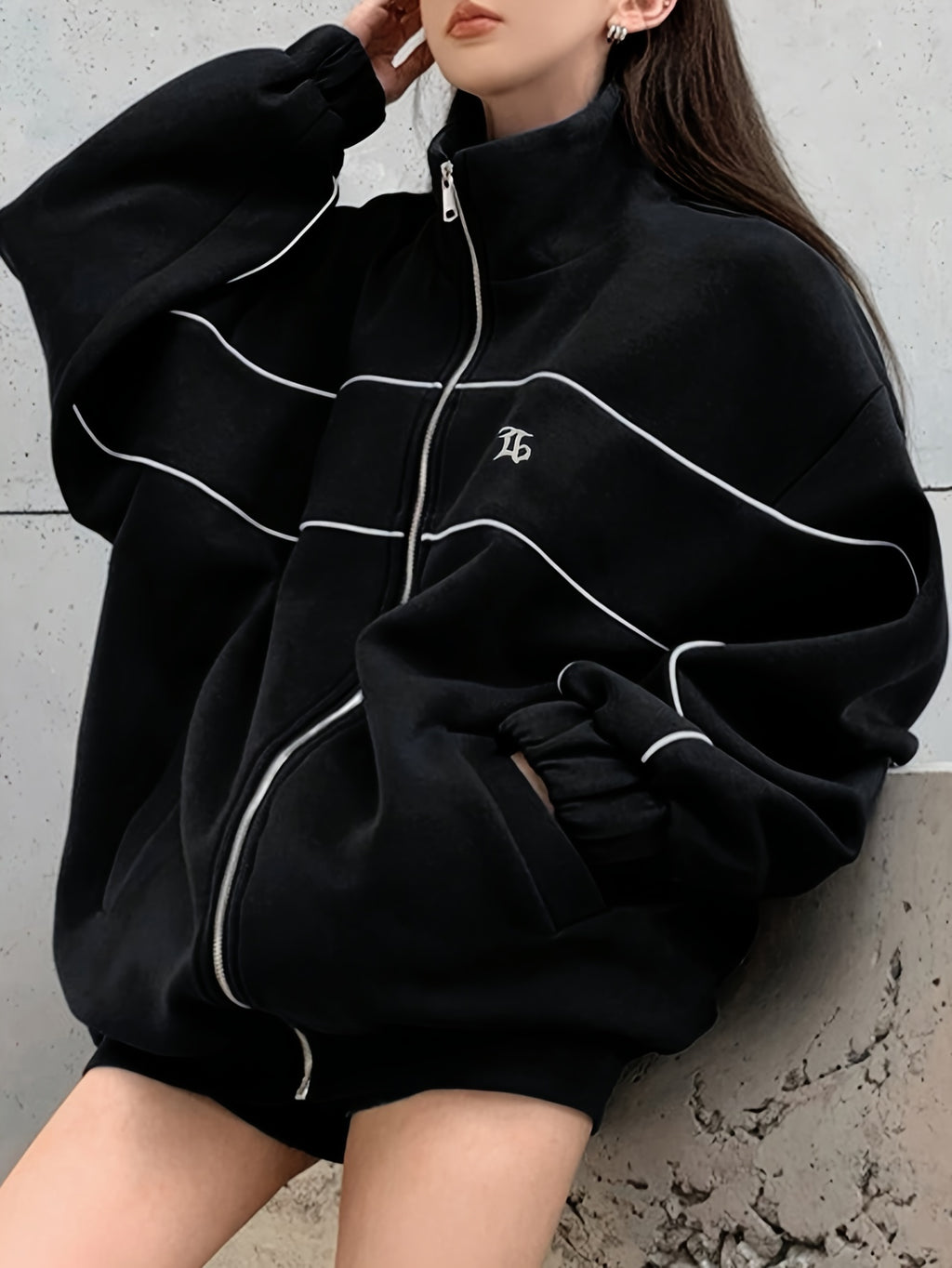 Solid Color Loose Casual Embroidered Stand Collar Jacket with Zipper for Women