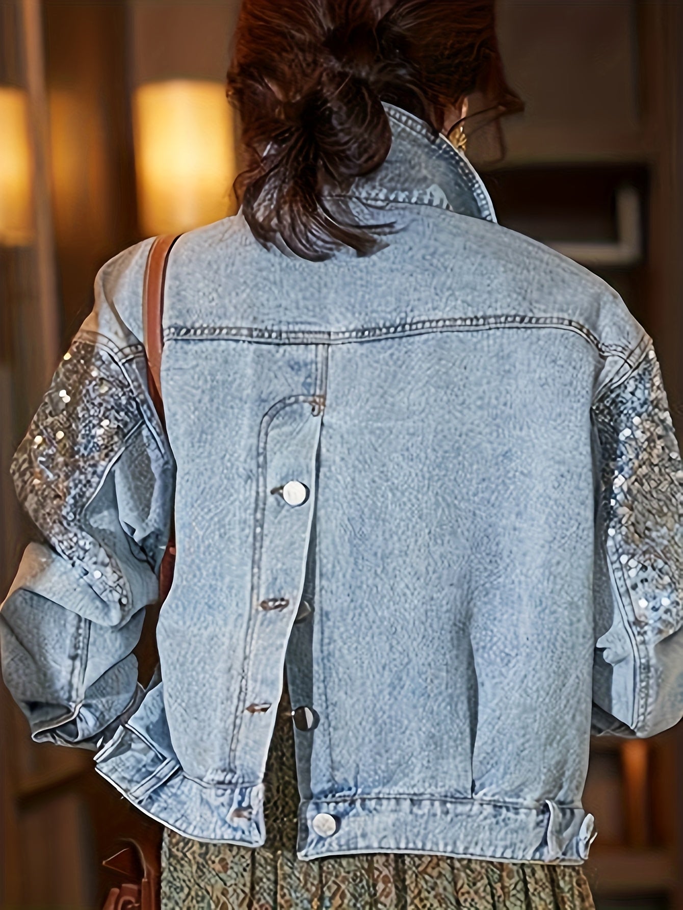 Women'S Vintage-Inspired Faux Denim Jacket with Sequin Pockets - Casual Yet Chic Long Sleeve Button-Up Outerwear for Spring\u002FSummer, Non-Stretch Fabric, Casual Wear Jacket|Vintage Faux Denim Jacket|Sleek Casual Styl