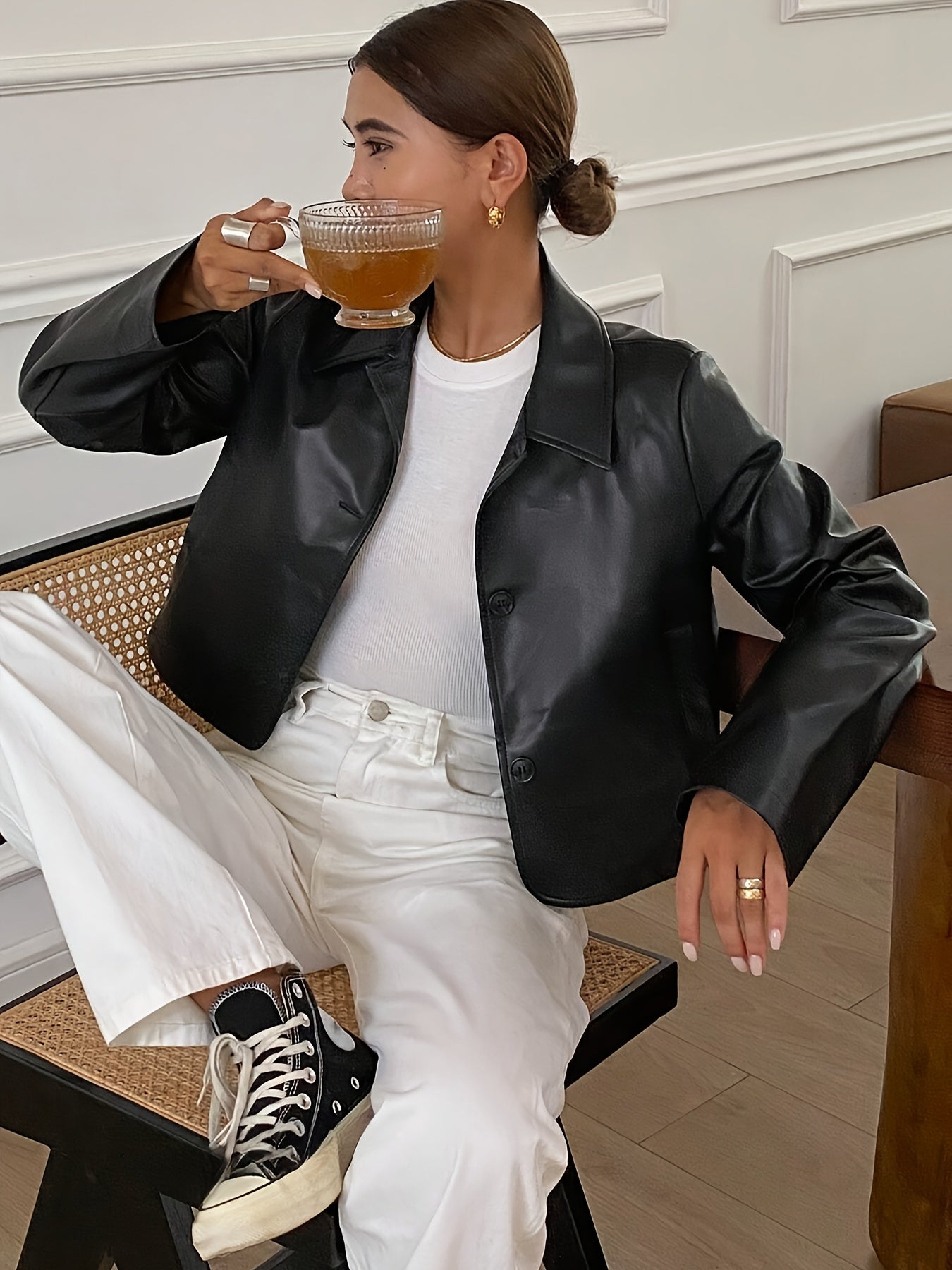 Women's Short Casual Solid Color Minimalist PU Leather Jacket - Button-Up, Non-Stretch Fabric, Perfect for Casual Attire, Allseason Outerwear | Buttonup Jacket | Durable Casual Wear