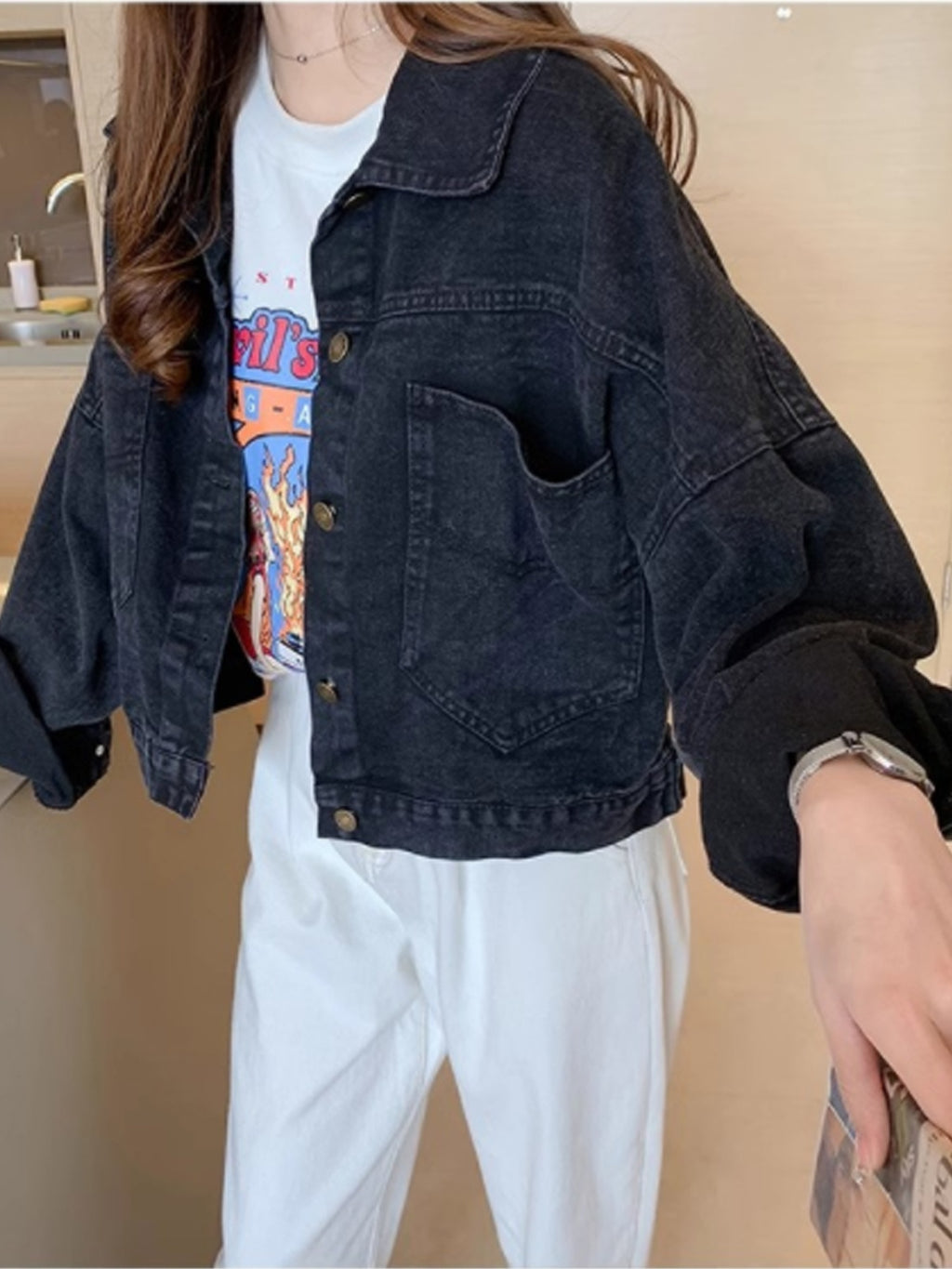 Women'S Black Denim Jacket with Cute Bear Applique - Casual Long Sleeve, Non-Stretch Fabric, Spring\u002FSummer Fashion, Casual Outerwear | Playful Design | Decorative Details