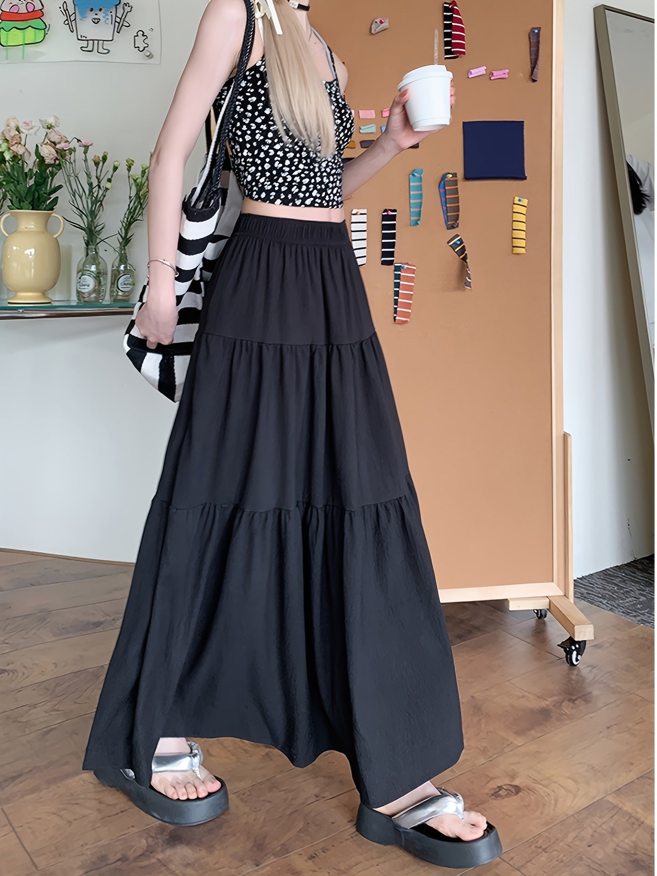 Spring And Autumn Women'S High-Waisted Slimming Versatile White Midi Skirt with Elastic Waist, Mid-Length Black Skirt with Lining, Beach Party Long Skirt.