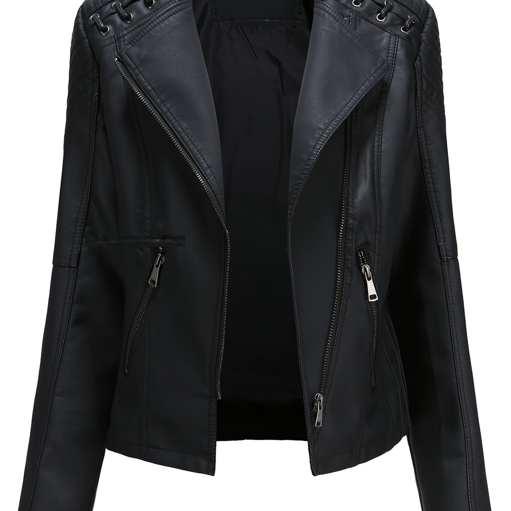 Short Silvery Zippered Motorcycle Jacket Black PU Moto Coat - Stand-Up Collar with Metal Buckles, Slim Fit Short Length, Shoulder Stitched Texture, Zippered Pockets