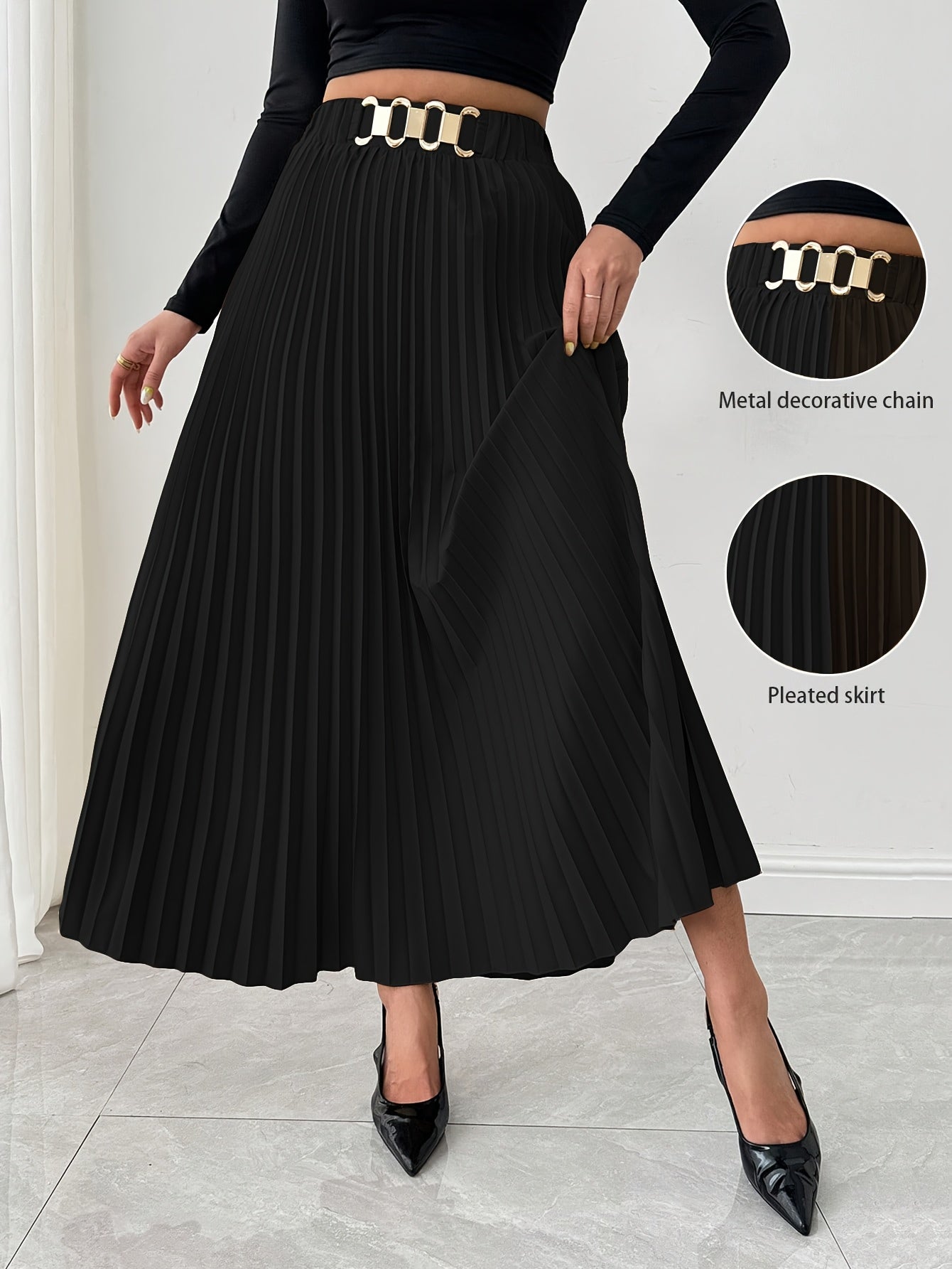 Women's Elegant Pleated Skirt - Dark Green Metallic Chain Belted Waist, Puffed Short Skirt with Vertical Pleats, Machine Washable 3-Season Spring Summer Fall Versatile Office to Party Wear, Cute Skirts